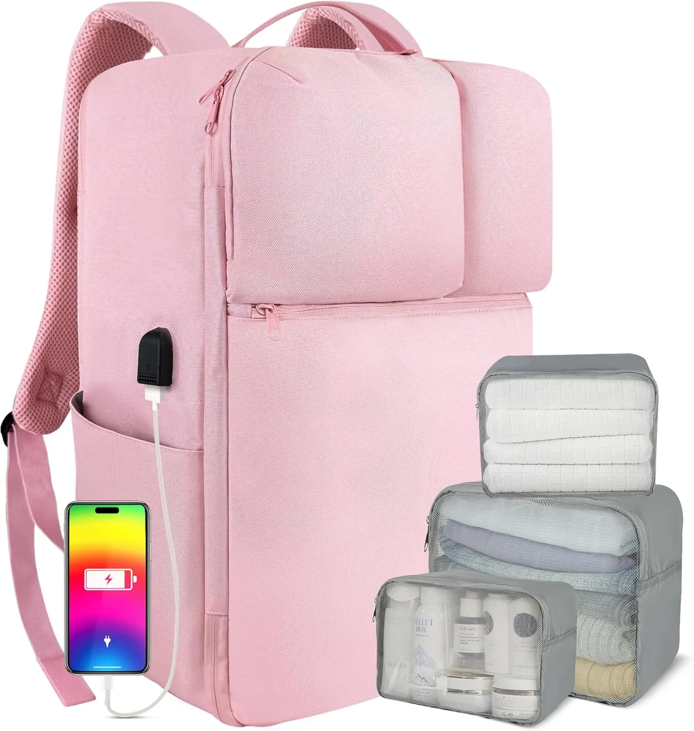 Extra Large 50L Travel Laptop Backpack with USB Charging Port, College Backpack Airline Approved Business Work Bag Fits 17 Inch Computer for Men Women Pink