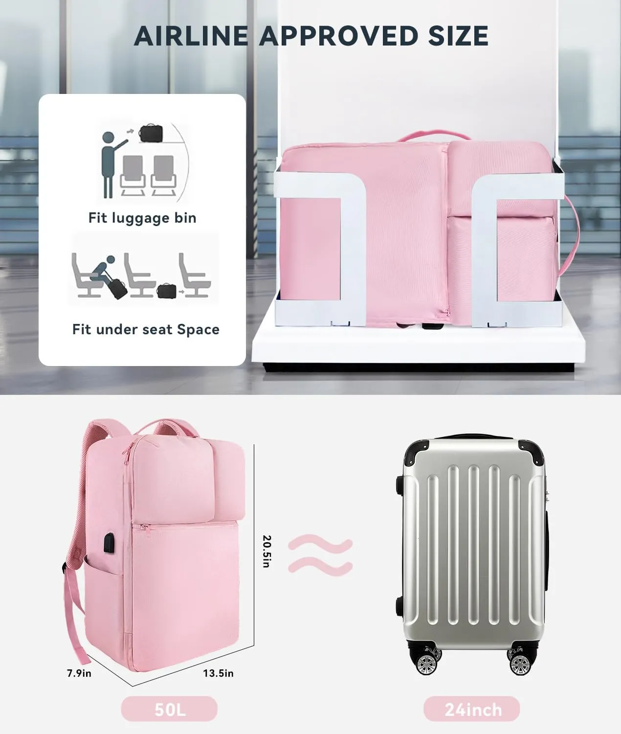 Extra Large 50L Travel Laptop Backpack with USB Charging Port, College Backpack Airline Approved Business Work Bag Fits 17 Inch Computer for Men Women Pink