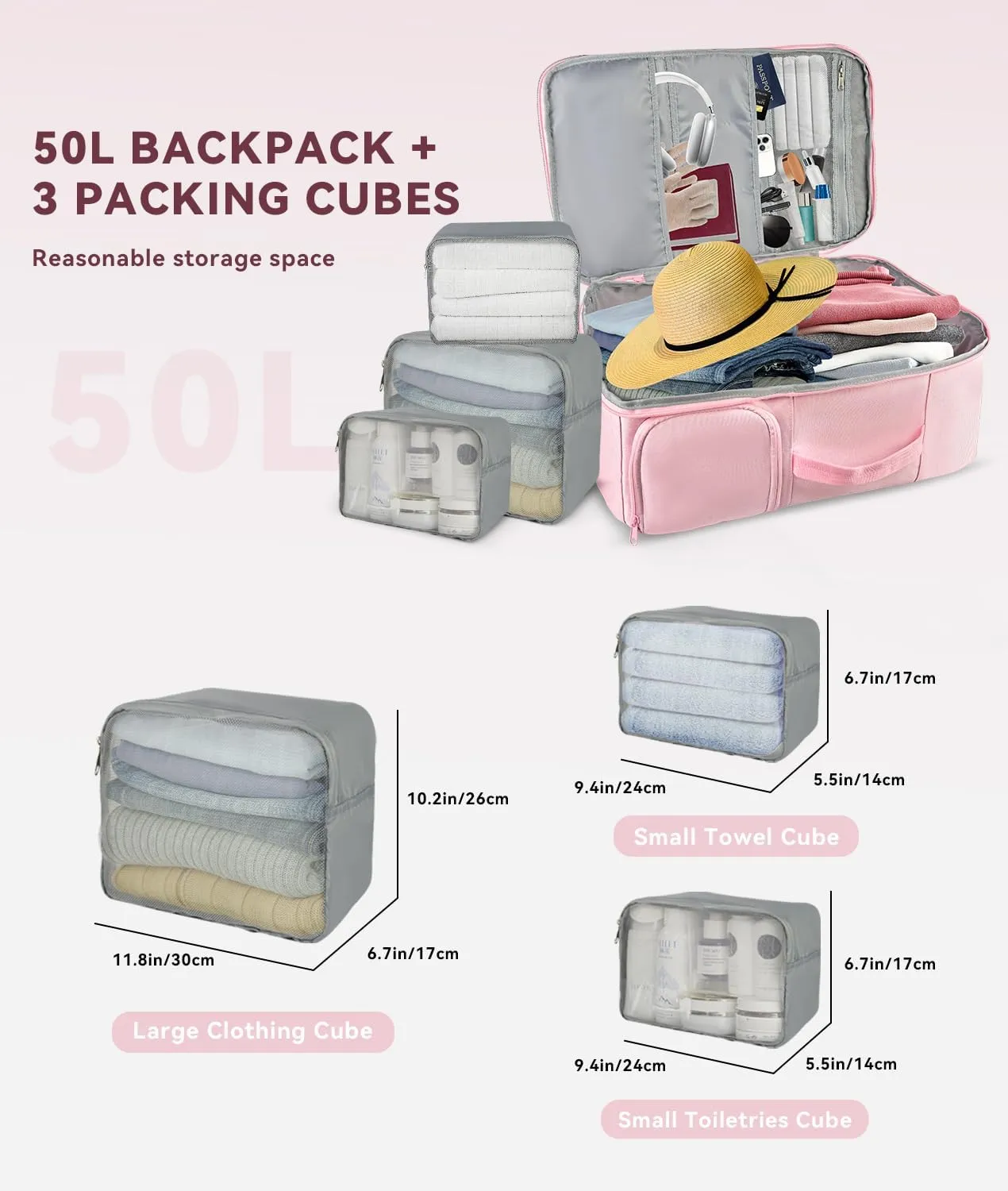 Extra Large 50L Travel Laptop Backpack with USB Charging Port, College Backpack Airline Approved Business Work Bag Fits 17 Inch Computer for Men Women Pink