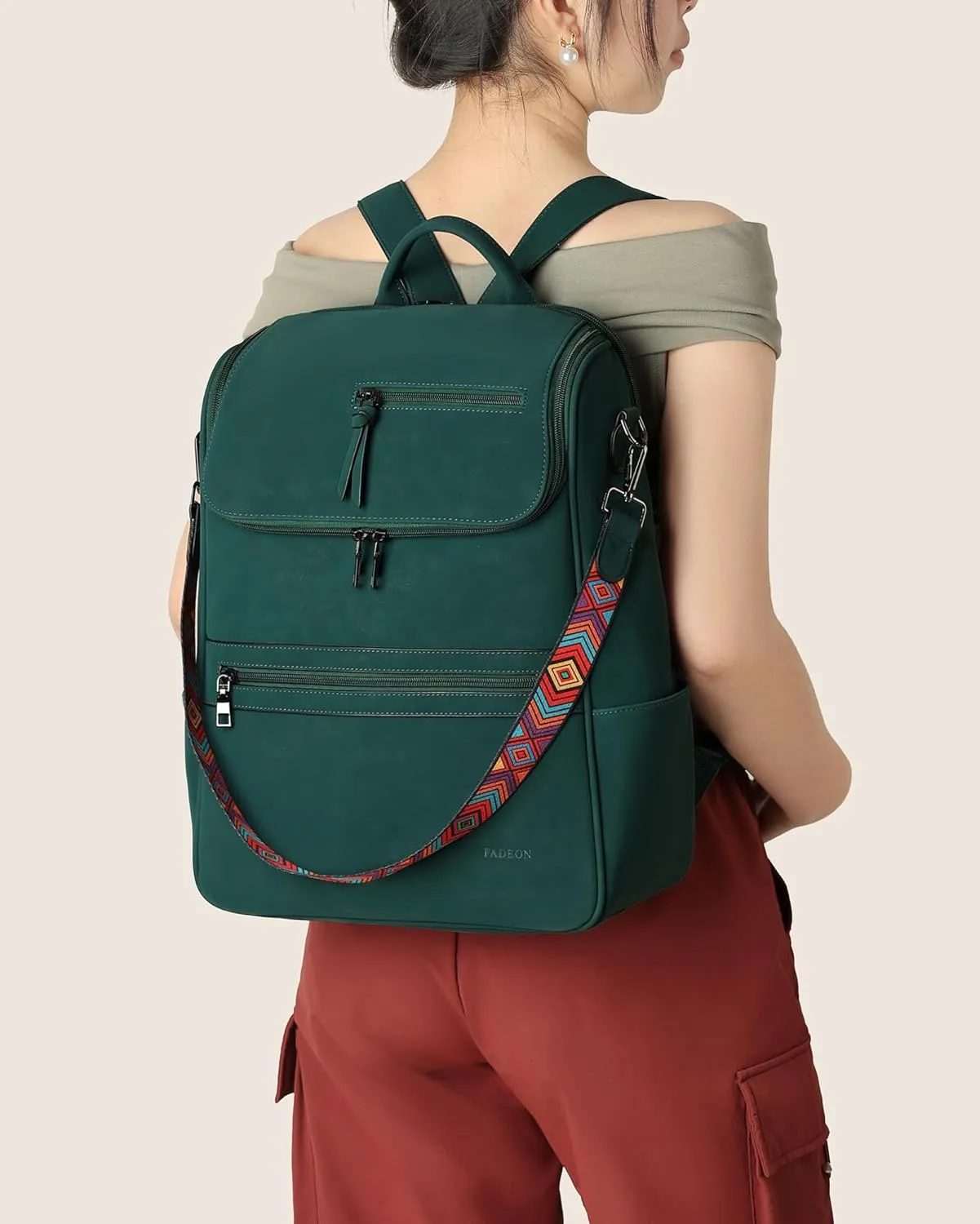FADEON Laptop Backpack for Women Leather Travel Backpack with Laptop Compartment, Designer Ladies Computer Backpacks Green
