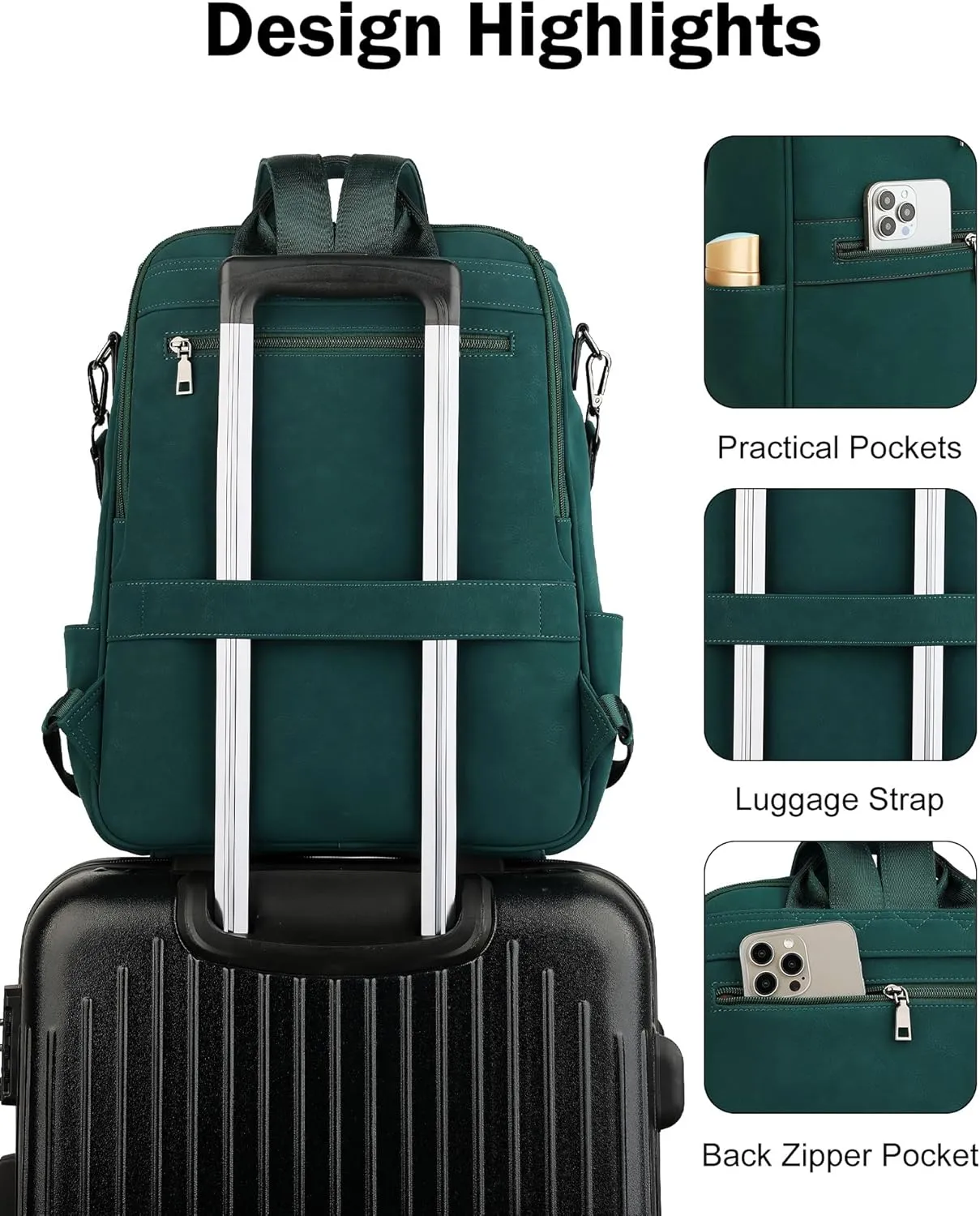 FADEON Laptop Backpack for Women Leather Travel Backpack with Laptop Compartment, Designer Ladies Computer Backpacks Green
