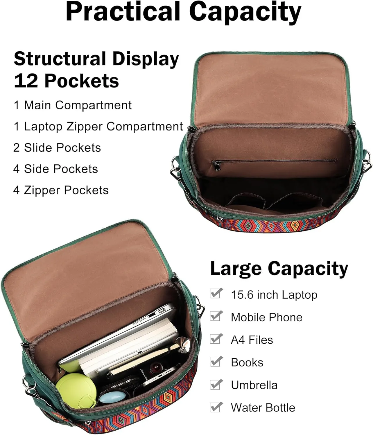 FADEON Laptop Backpack for Women Leather Travel Backpack with Laptop Compartment, Designer Ladies Computer Backpacks Green