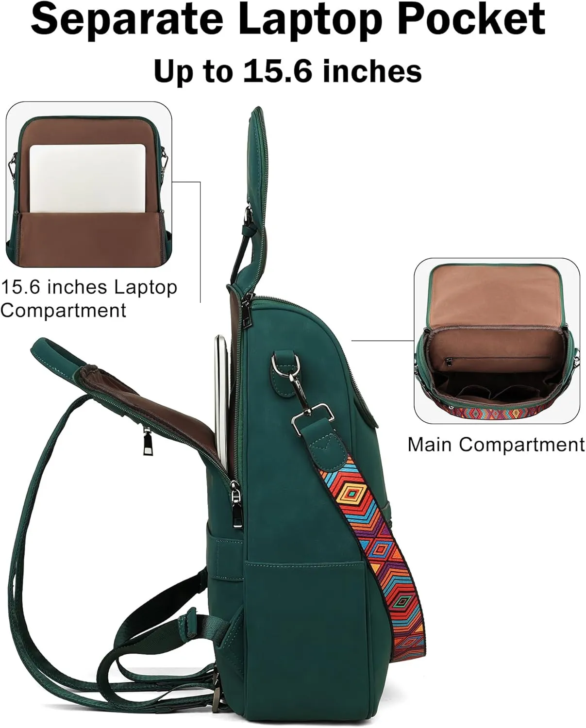 FADEON Laptop Backpack for Women Leather Travel Backpack with Laptop Compartment, Designer Ladies Computer Backpacks Green