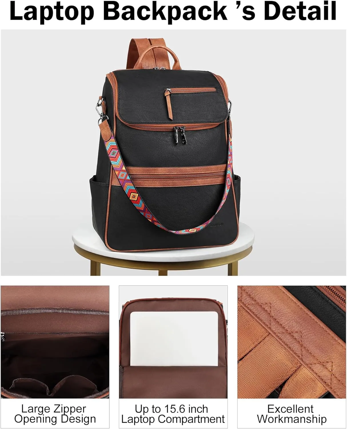 FADEON Laptop Backpack for Women Leather Travel Backpack with Laptop Compartment, Designer PU Shoulder Laptop Bag Black Brown