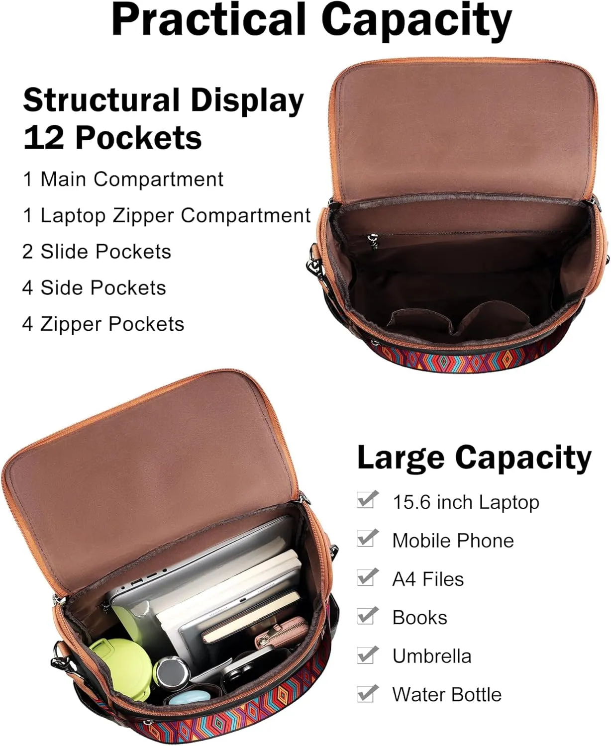 FADEON Laptop Backpack for Women Leather Travel Backpack with Laptop Compartment, Designer PU Shoulder Laptop Bag Black Brown