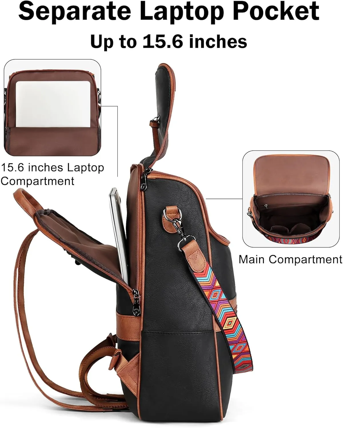 FADEON Laptop Backpack for Women Leather Travel Backpack with Laptop Compartment, Designer PU Shoulder Laptop Bag Black Brown