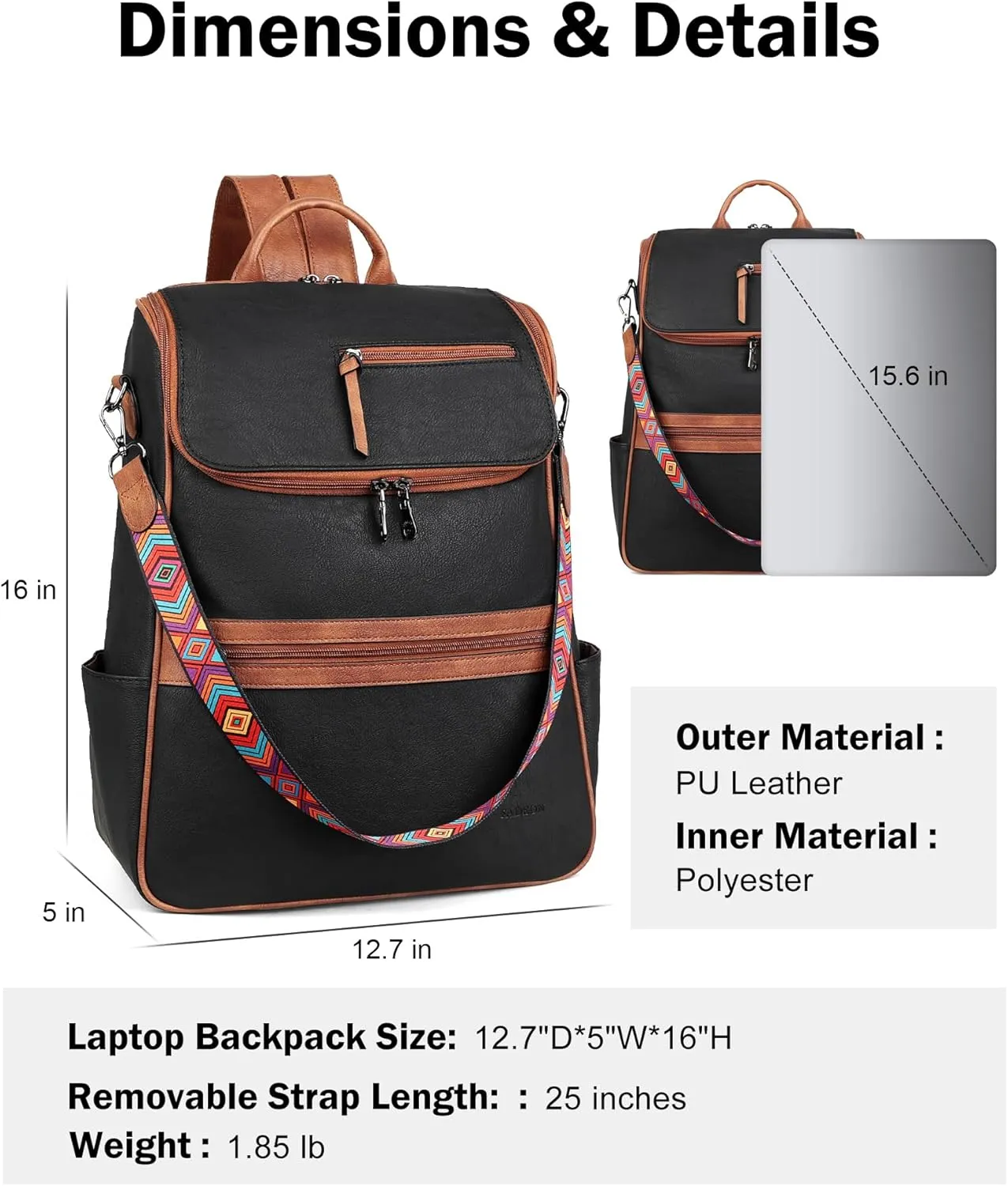 FADEON Laptop Backpack for Women Leather Travel Backpack with Laptop Compartment, Designer PU Shoulder Laptop Bag Black Brown
