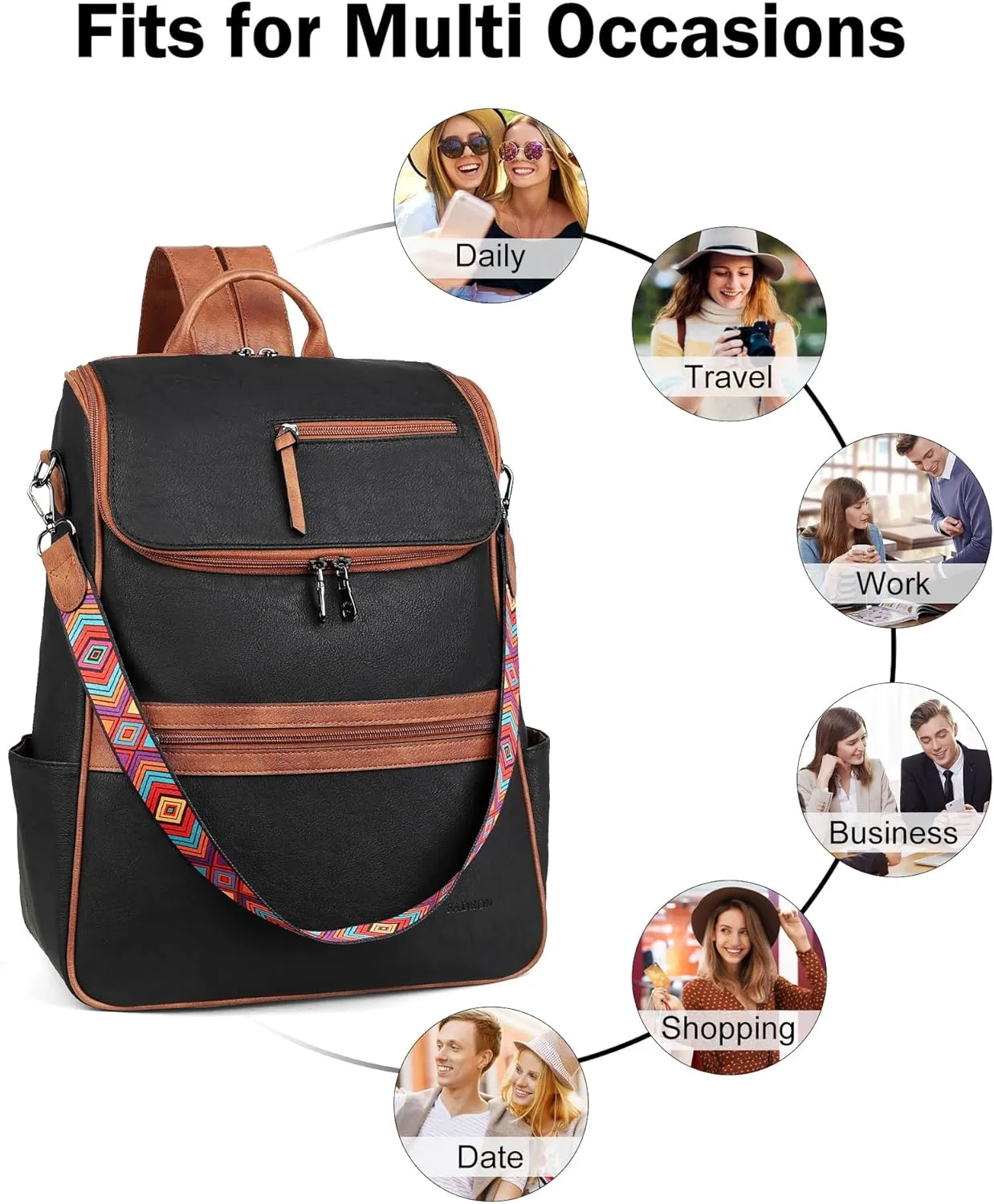FADEON Laptop Backpack for Women Leather Travel Backpack with Laptop Compartment, Designer PU Shoulder Laptop Bag Black Brown