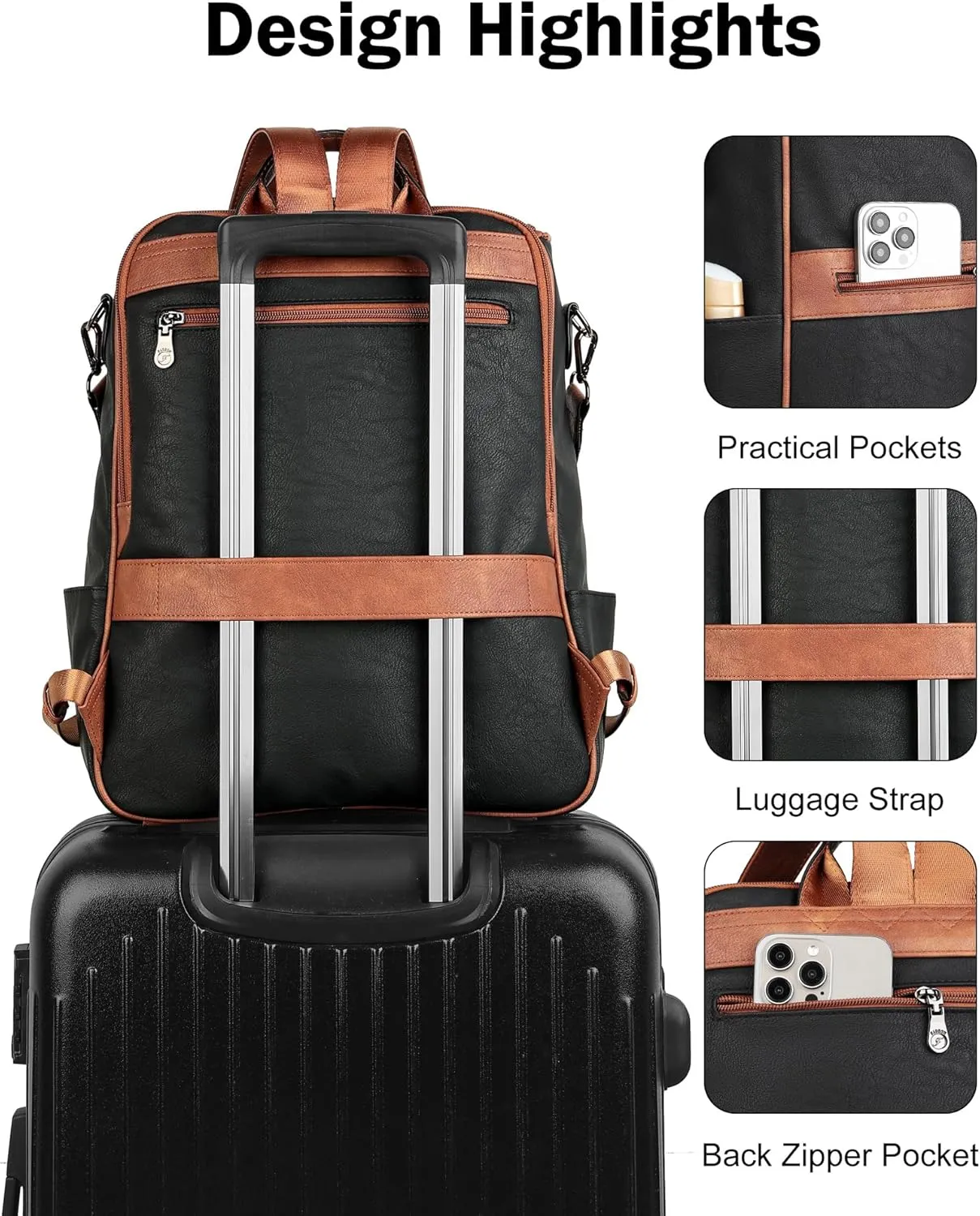 FADEON Laptop Backpack for Women Leather Travel Backpack with Laptop Compartment, Designer PU Shoulder Laptop Bag Black Brown