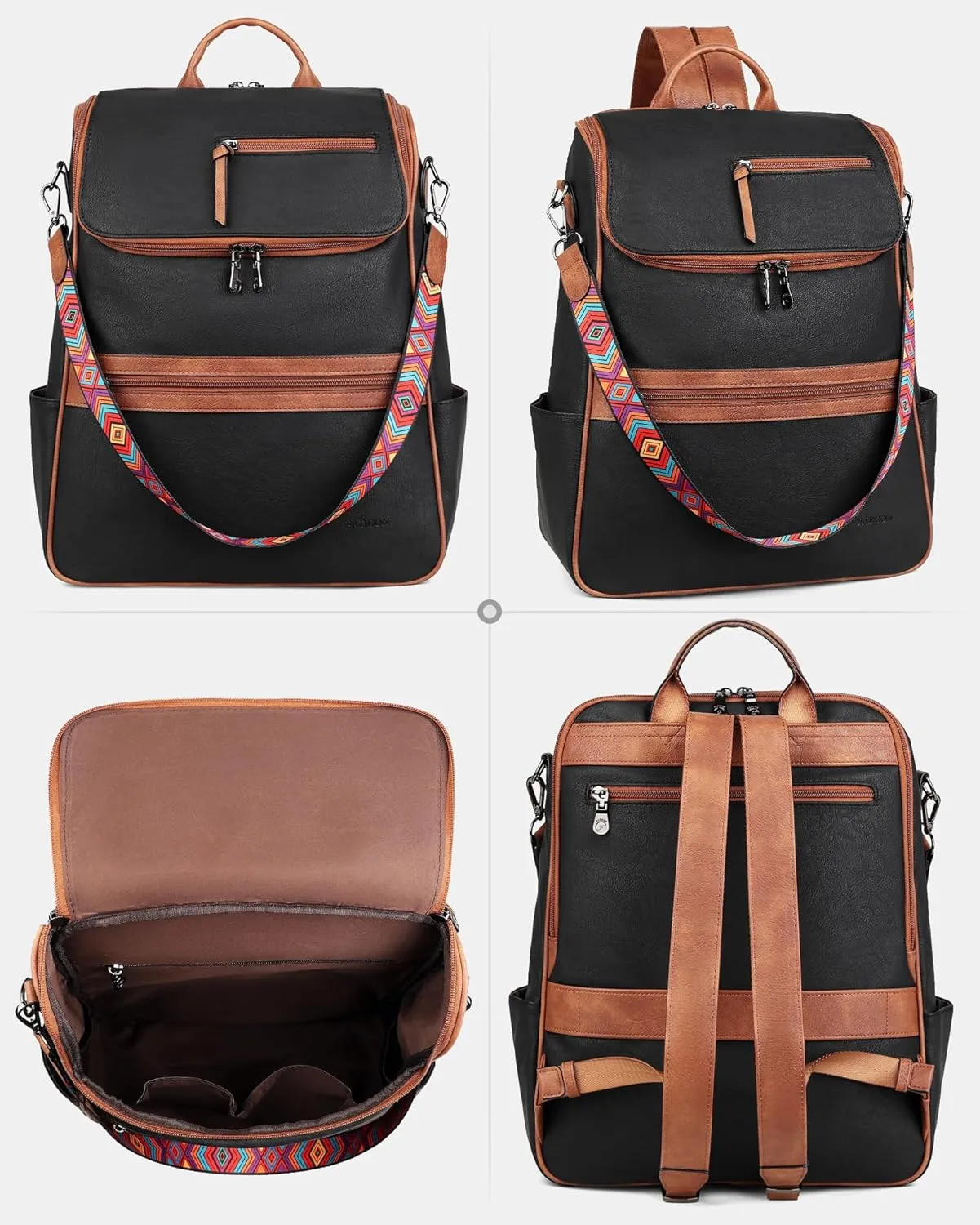 FADEON Laptop Backpack for Women Leather Travel Backpack with Laptop Compartment, Designer PU Shoulder Laptop Bag Black Brown