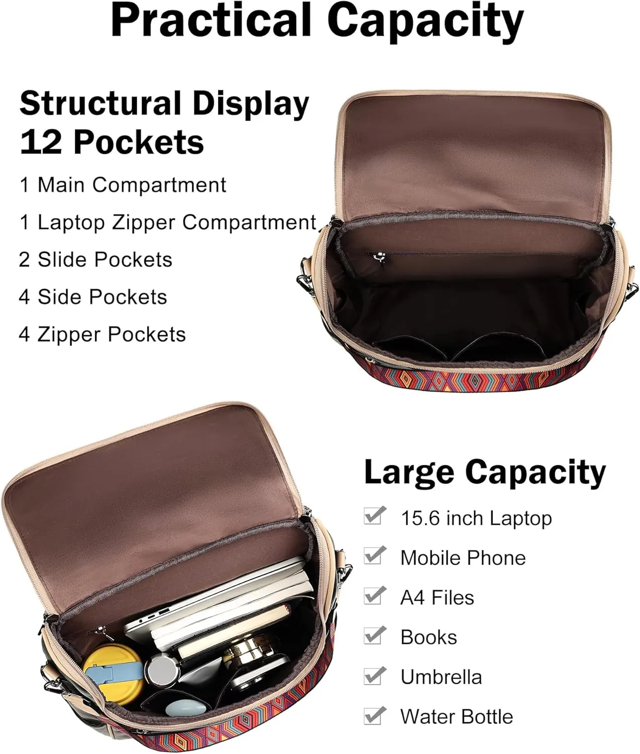 FADEON Laptop Backpack for Women Leather Travel Backpack with Laptop Compartment, Designer PU Shoulder Laptop Bag Black