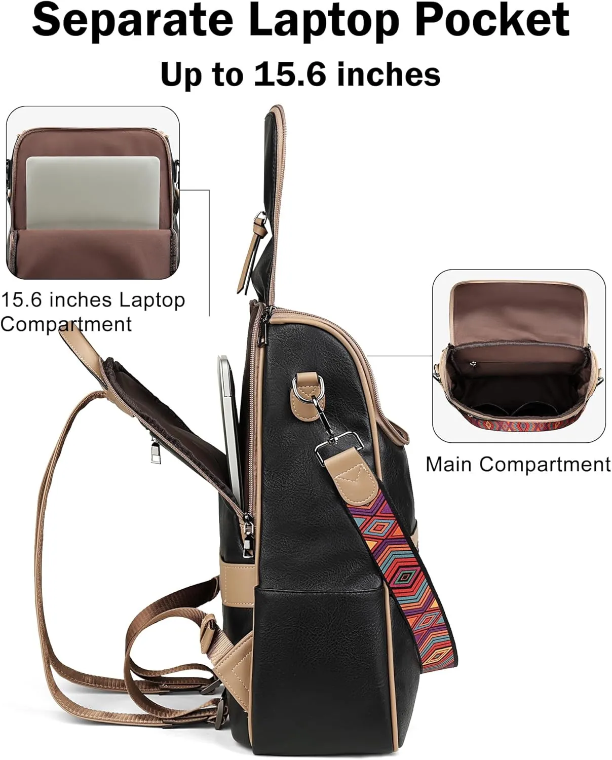FADEON Laptop Backpack for Women Leather Travel Backpack with Laptop Compartment, Designer PU Shoulder Laptop Bag Black