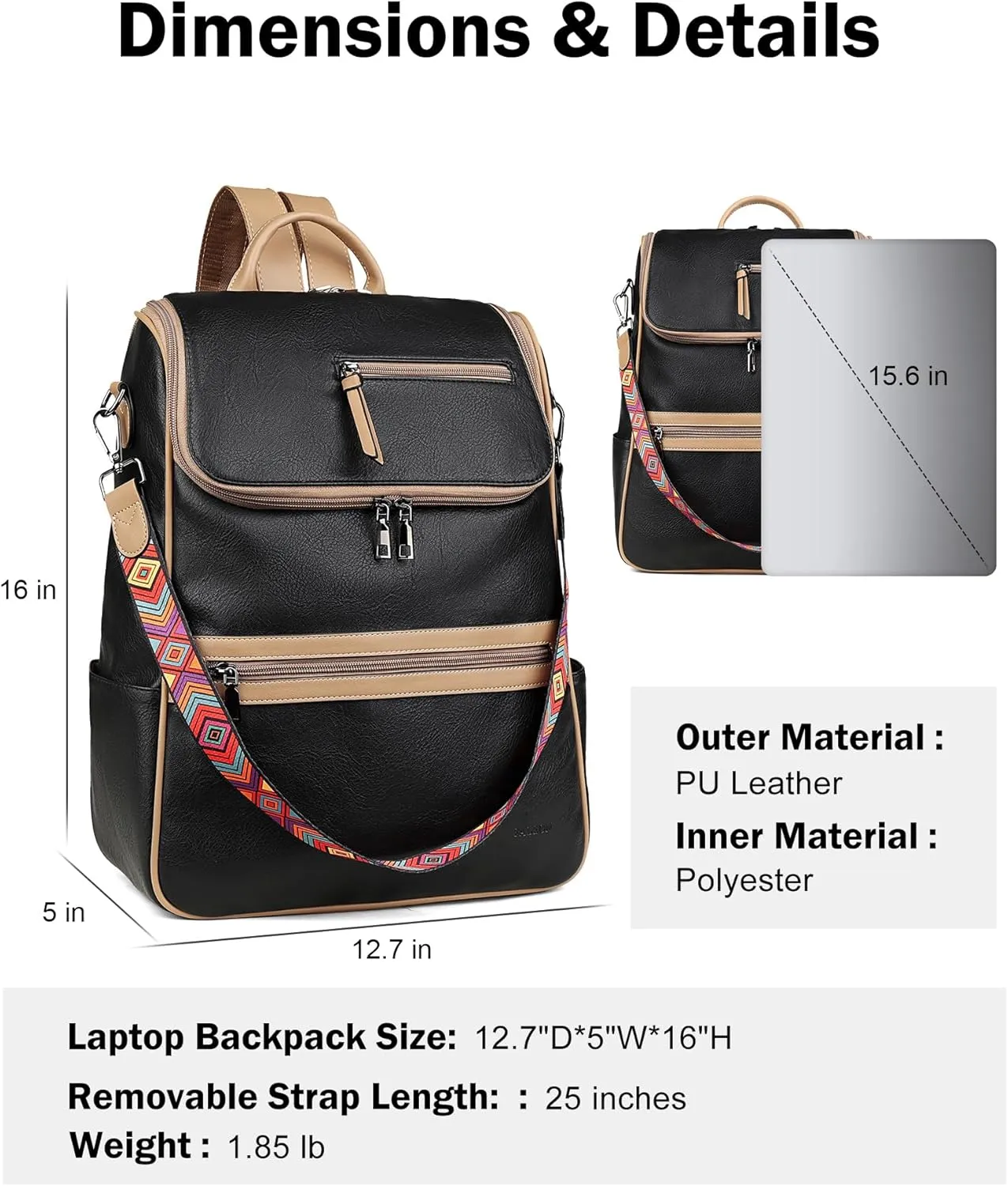 FADEON Laptop Backpack for Women Leather Travel Backpack with Laptop Compartment, Designer PU Shoulder Laptop Bag Black