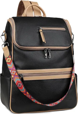 FADEON Laptop Backpack for Women Leather Travel Backpack with Laptop Compartment, Designer PU Shoulder Laptop Bag Black