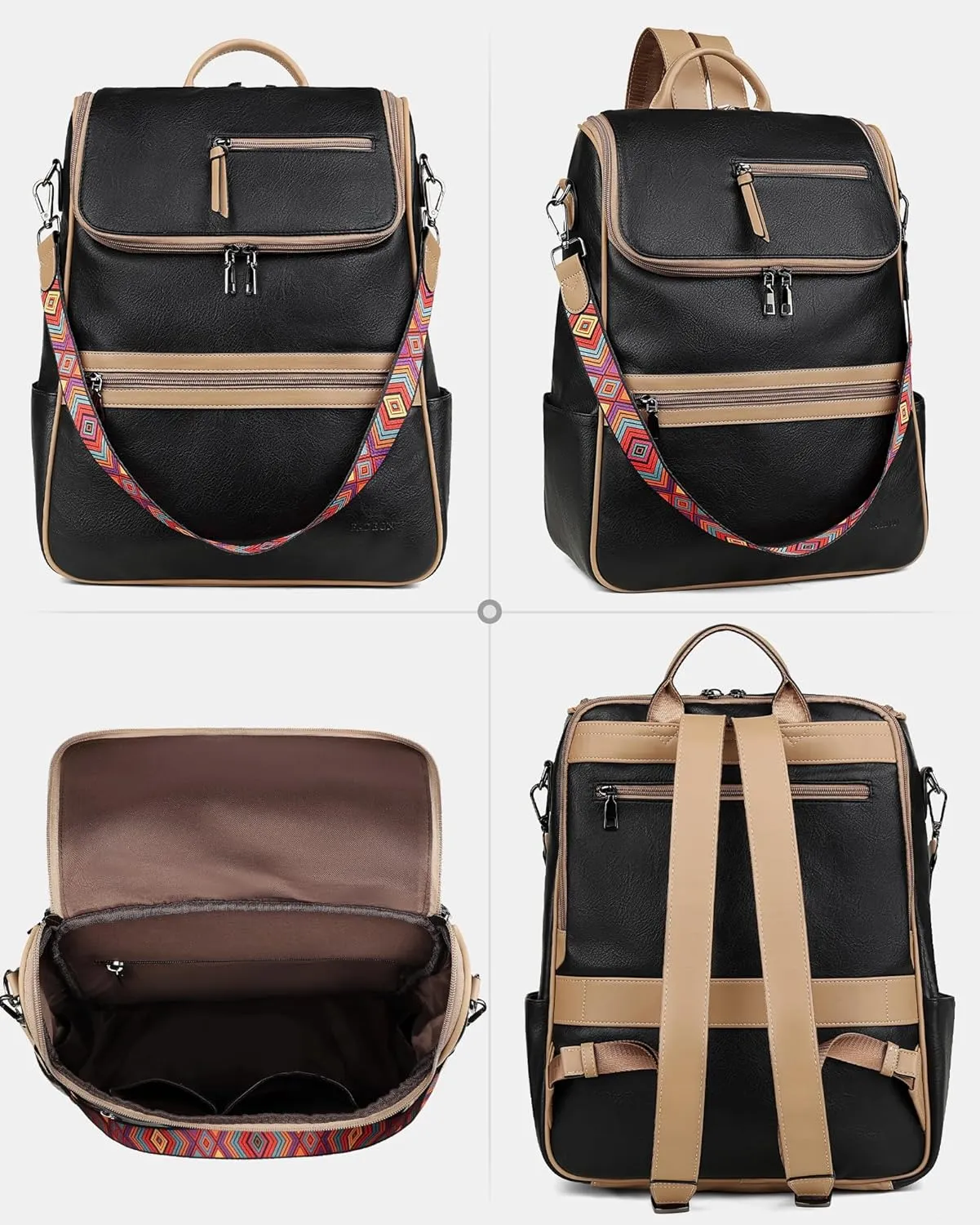 FADEON Laptop Backpack for Women Leather Travel Backpack with Laptop Compartment, Designer PU Shoulder Laptop Bag Black
