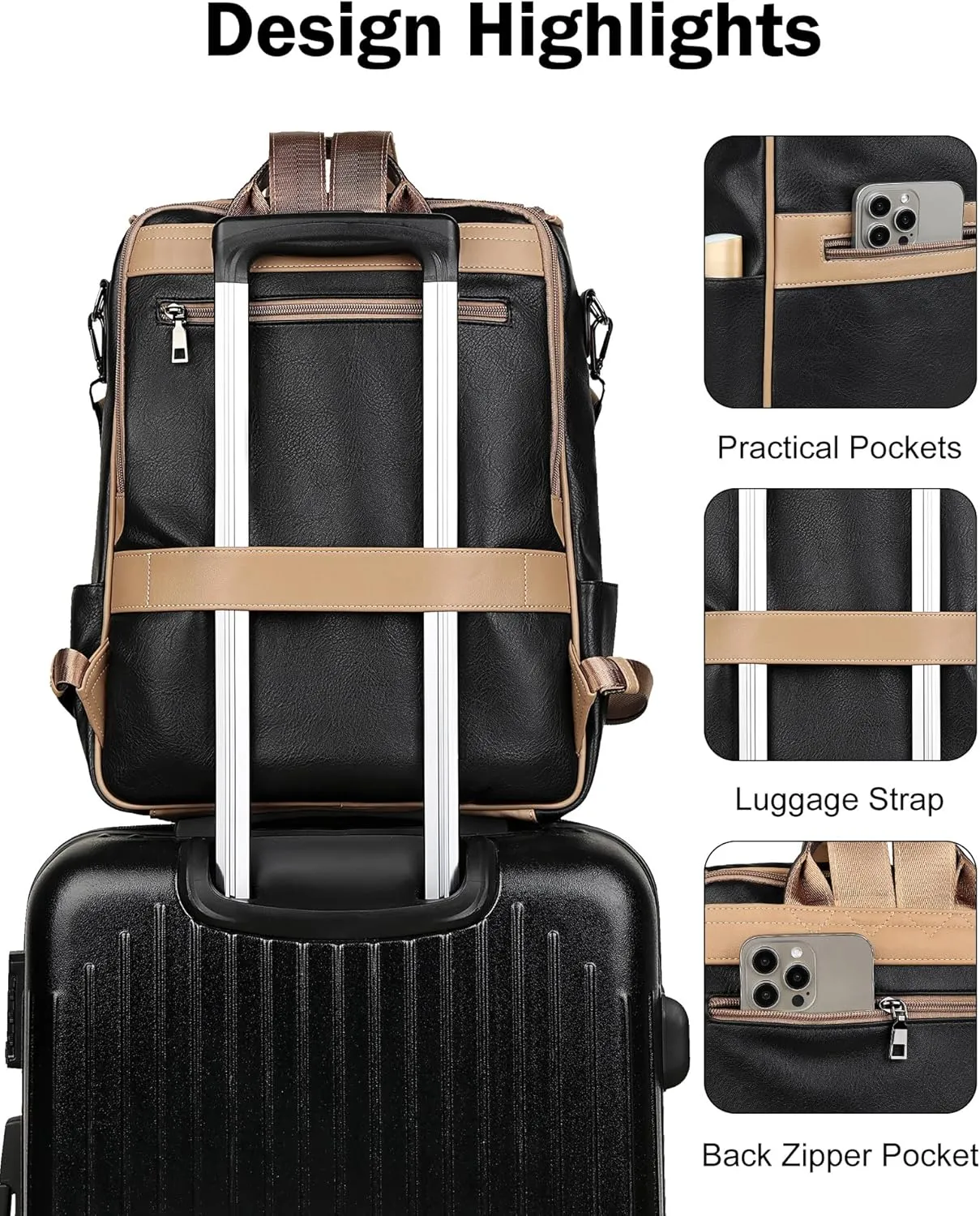 FADEON Laptop Backpack for Women Leather Travel Backpack with Laptop Compartment, Designer PU Shoulder Laptop Bag Black
