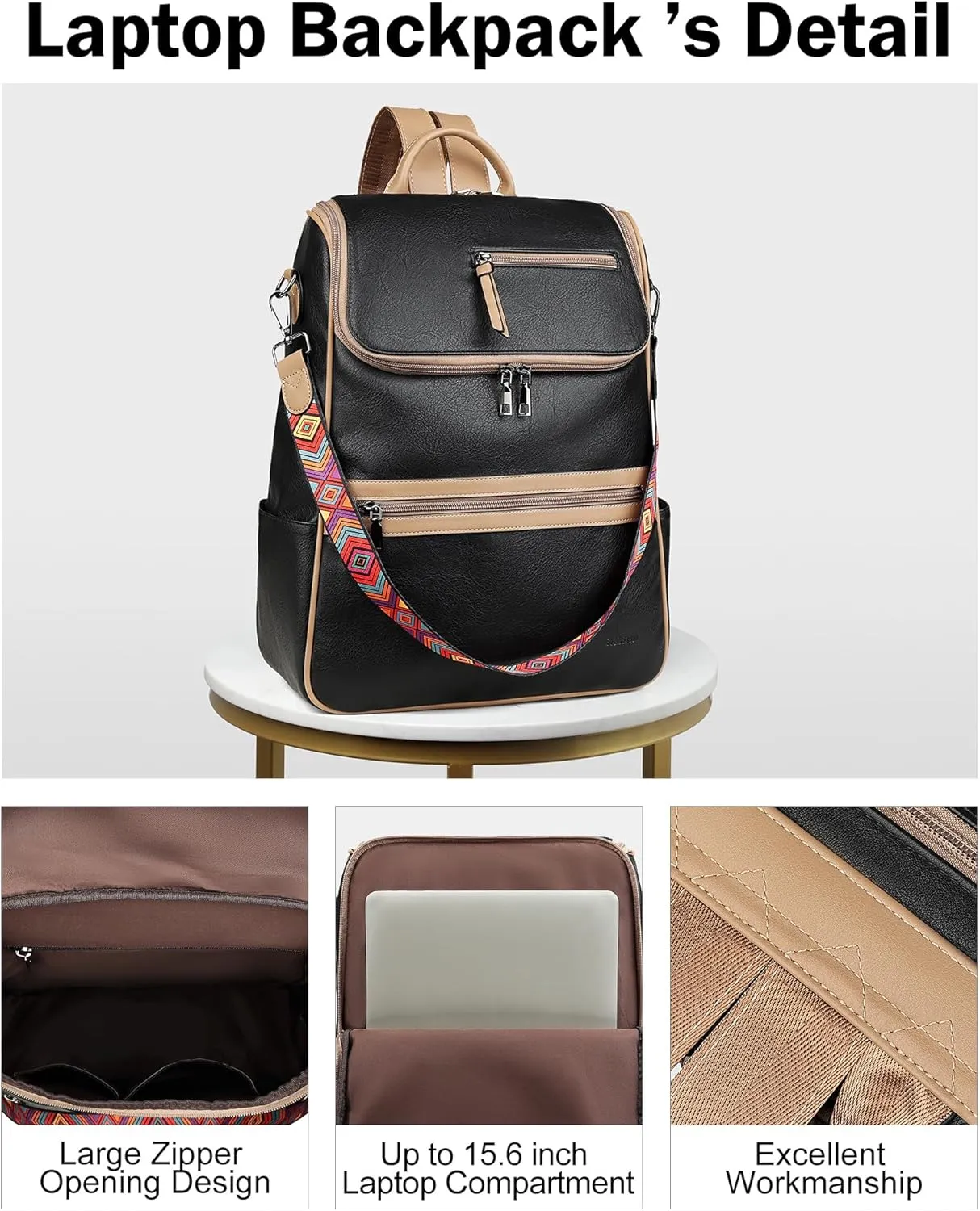 FADEON Laptop Backpack for Women Leather Travel Backpack with Laptop Compartment, Designer PU Shoulder Laptop Bag Black