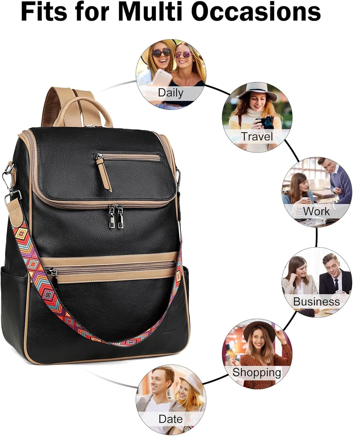 FADEON Laptop Backpack for Women Leather Travel Backpack with Laptop Compartment, Designer PU Shoulder Laptop Bag Black