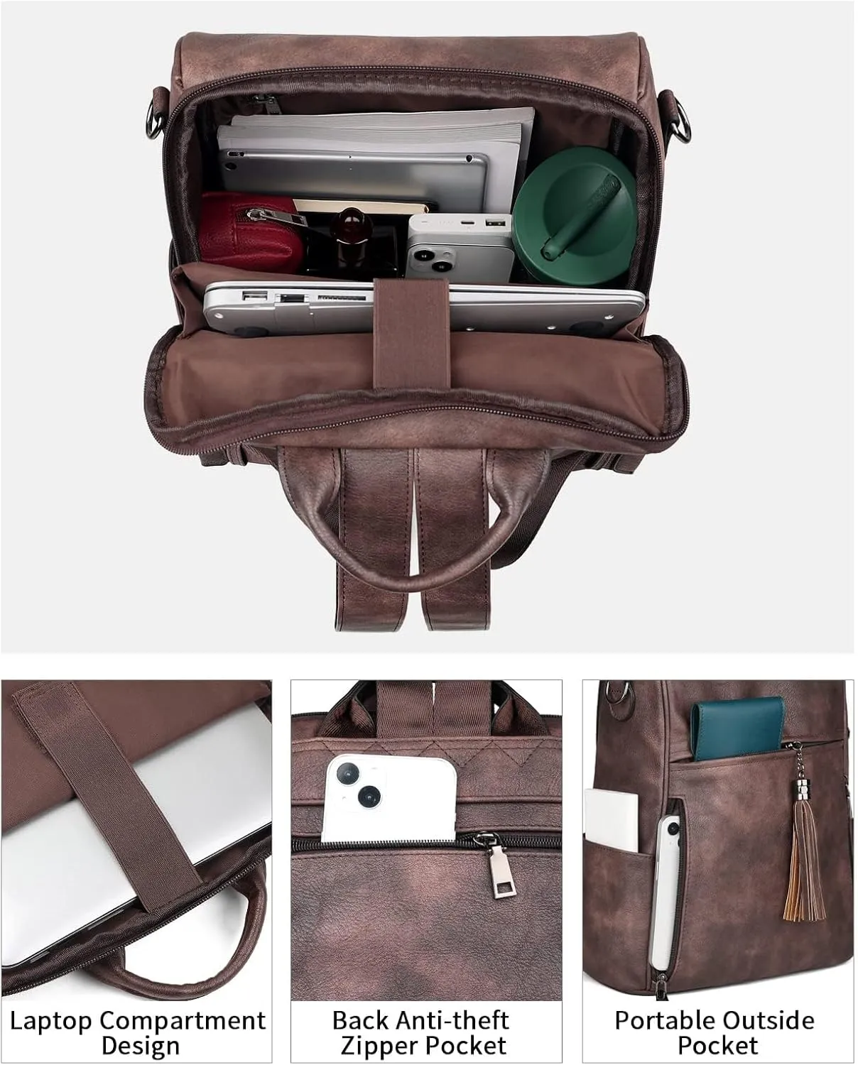 FADEON Leather Laptop Backpack for Women Designer 15.6 inch PU Laptop Bag, Ladies Travel Computer Work Backpack Coffee Brown