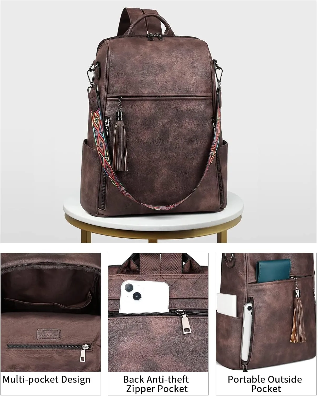 FADEON Leather Laptop Backpack for Women Designer 15.6 inch PU Laptop Bag, Ladies Travel Computer Work Backpack Coffee Brown