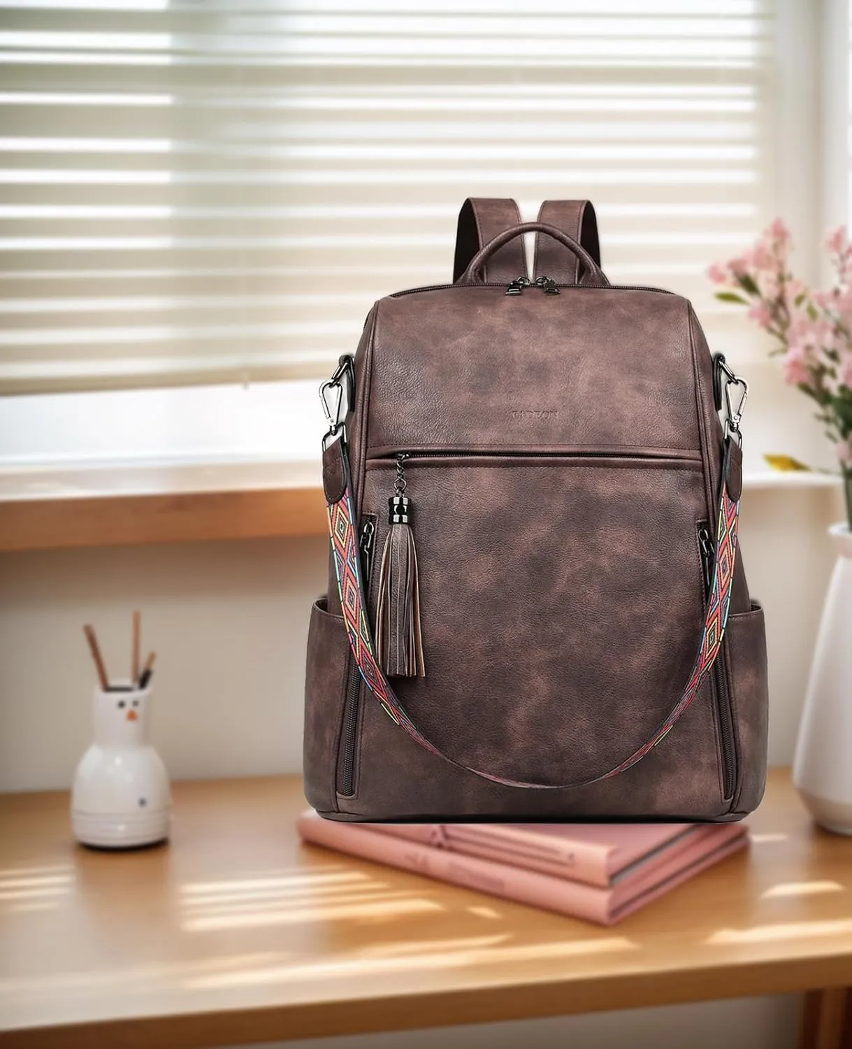 FADEON Leather Laptop Backpack for Women Designer 15.6 inch PU Laptop Bag, Ladies Travel Computer Work Backpack Coffee Brown