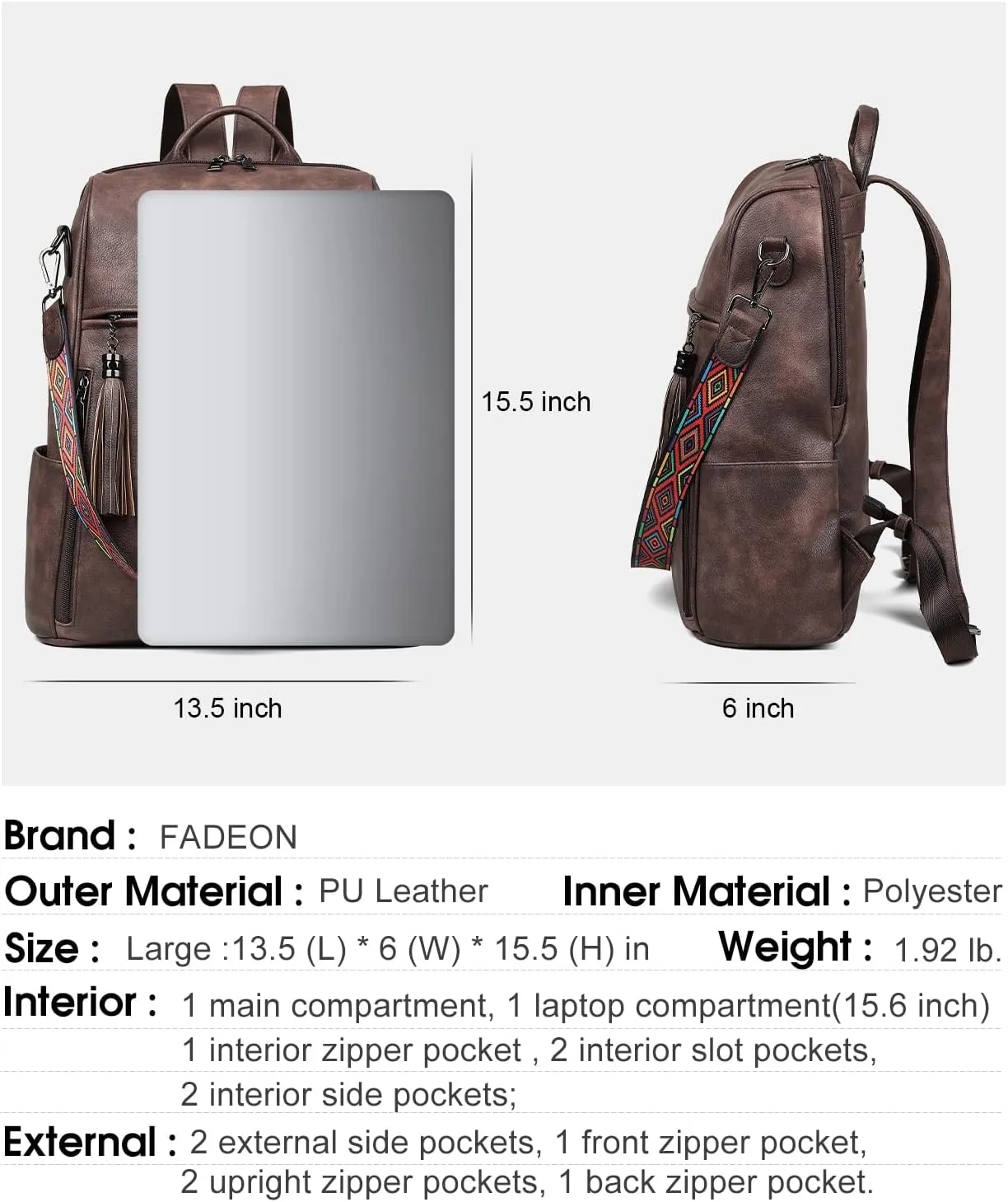 FADEON Leather Laptop Backpack for Women Designer 15.6 inch PU Laptop Bag, Ladies Travel Computer Work Backpack Coffee Brown