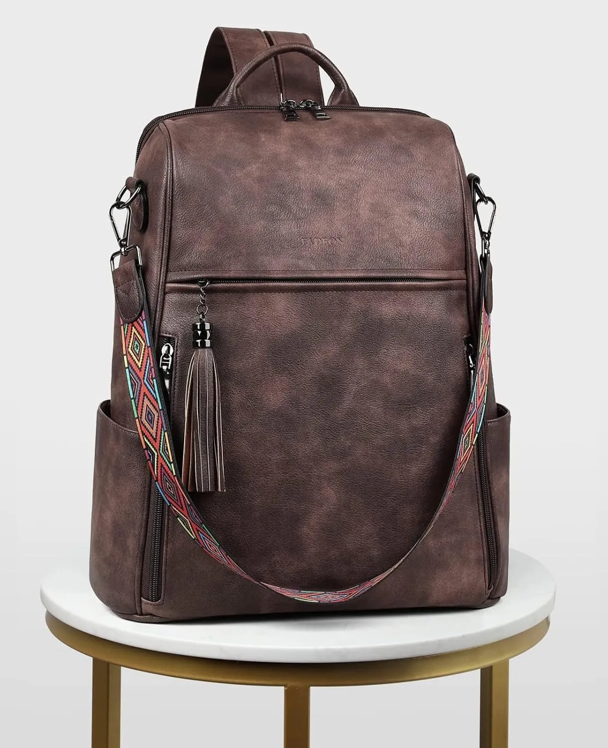 FADEON Leather Laptop Backpack for Women Designer 15.6 inch PU Laptop Bag, Ladies Travel Computer Work Backpack Coffee Brown