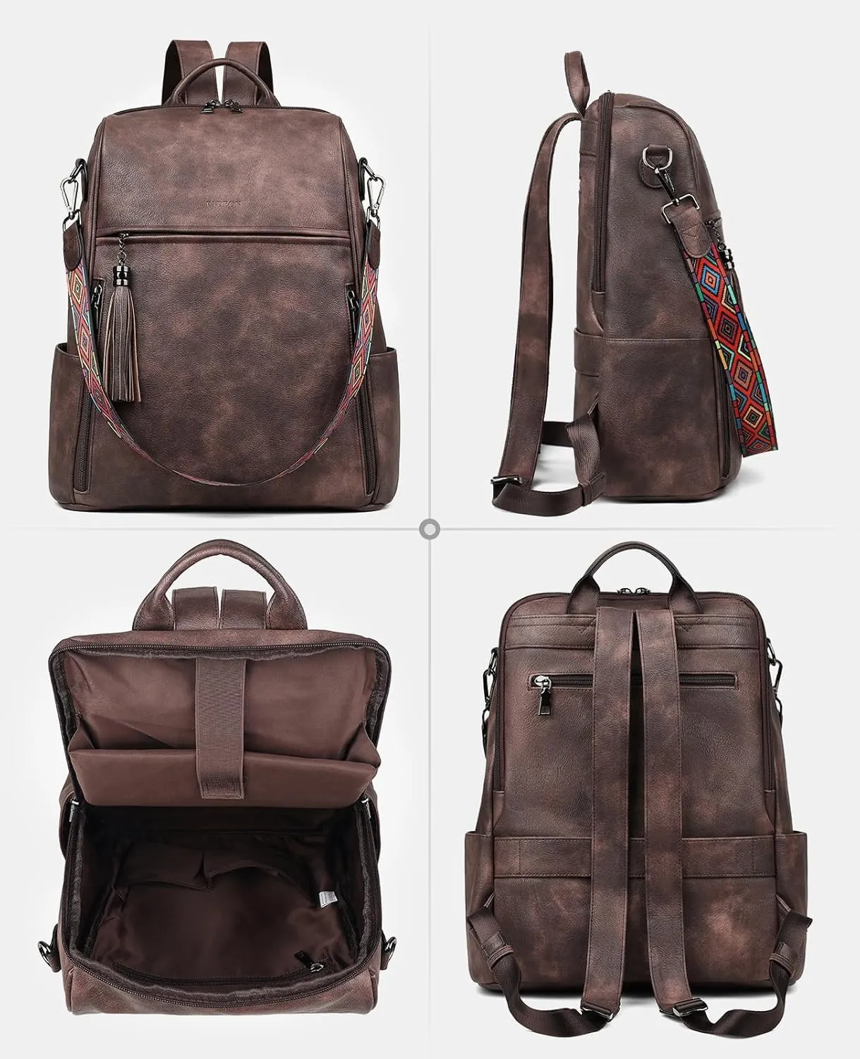 FADEON Leather Laptop Backpack for Women Designer 15.6 inch PU Laptop Bag, Ladies Travel Computer Work Backpack Coffee Brown
