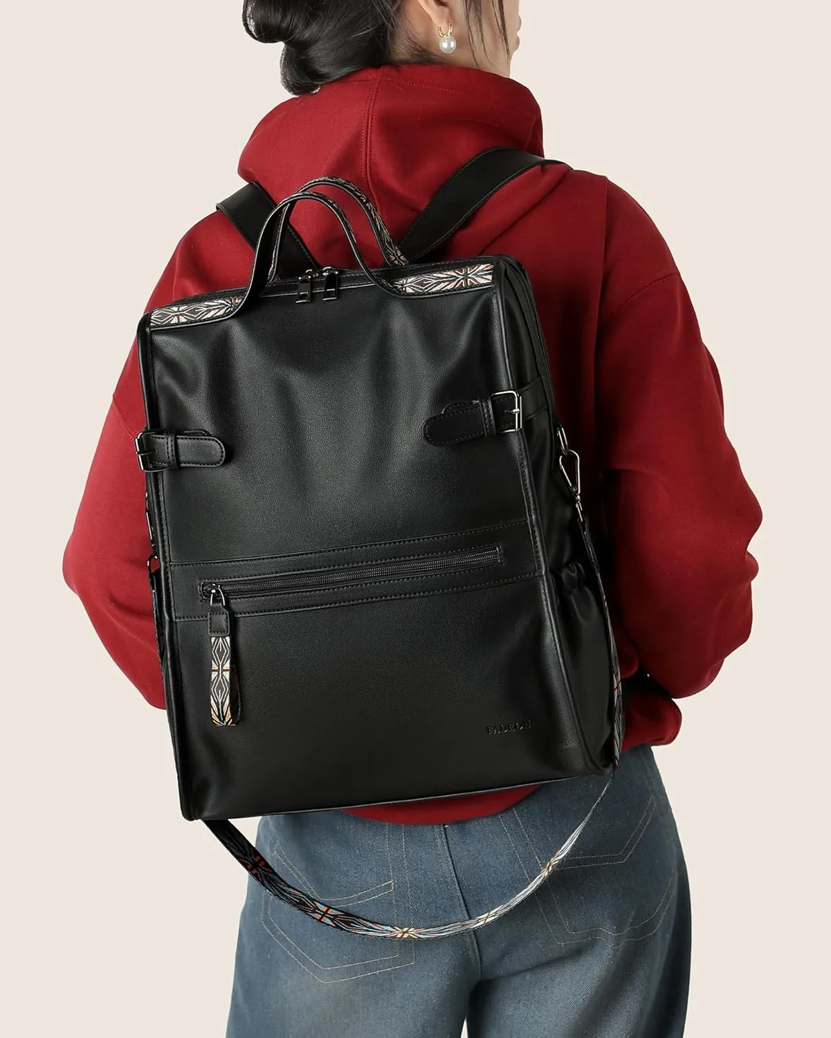 FADEON Leather Laptop Backpack for Women, Designer Ladies Work Travel Computer Backpack with Laptop Compartment Purse Black