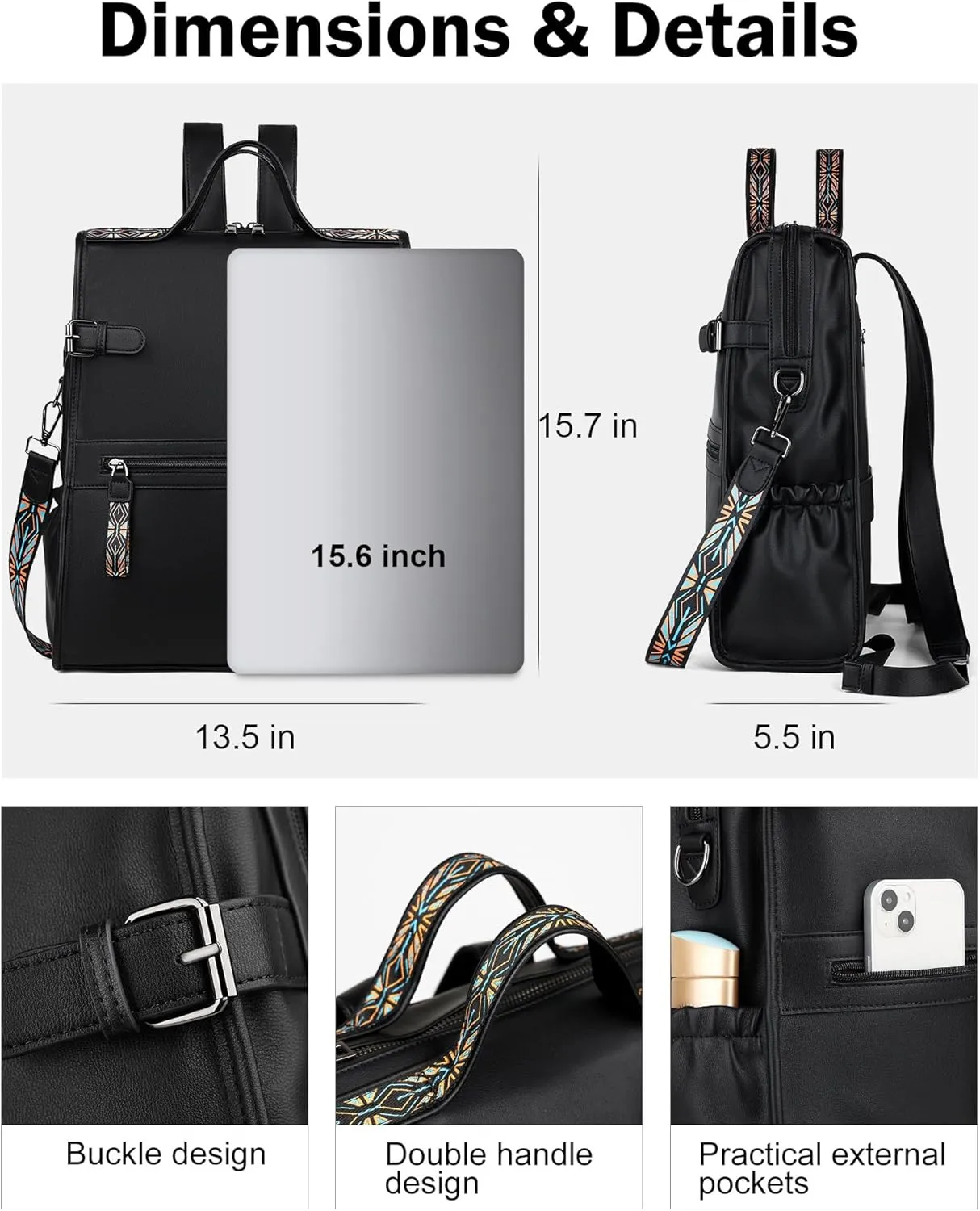 FADEON Leather Laptop Backpack for Women, Designer Ladies Work Travel Computer Backpack with Laptop Compartment Purse Black