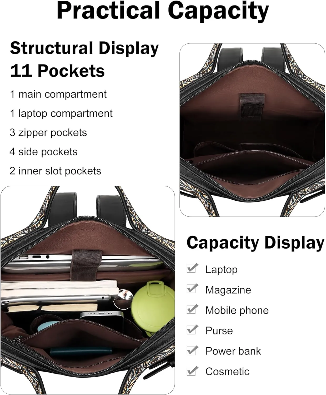 FADEON Leather Laptop Backpack for Women, Designer Ladies Work Travel Computer Backpack with Laptop Compartment Purse Black