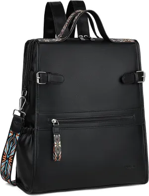 FADEON Leather Laptop Backpack for Women, Designer Ladies Work Travel Computer Backpack with Laptop Compartment Purse Black