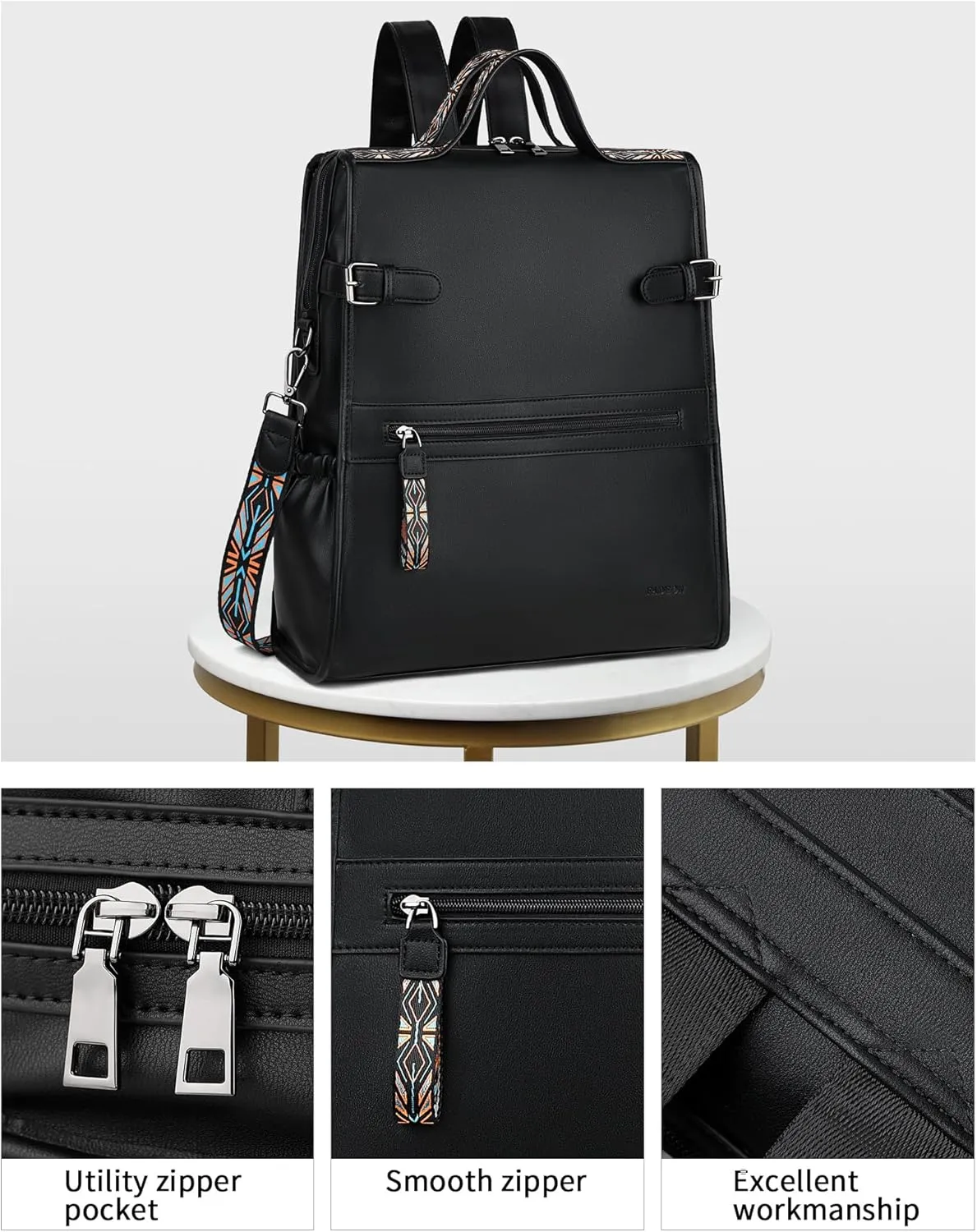 FADEON Leather Laptop Backpack for Women, Designer Ladies Work Travel Computer Backpack with Laptop Compartment Purse Black