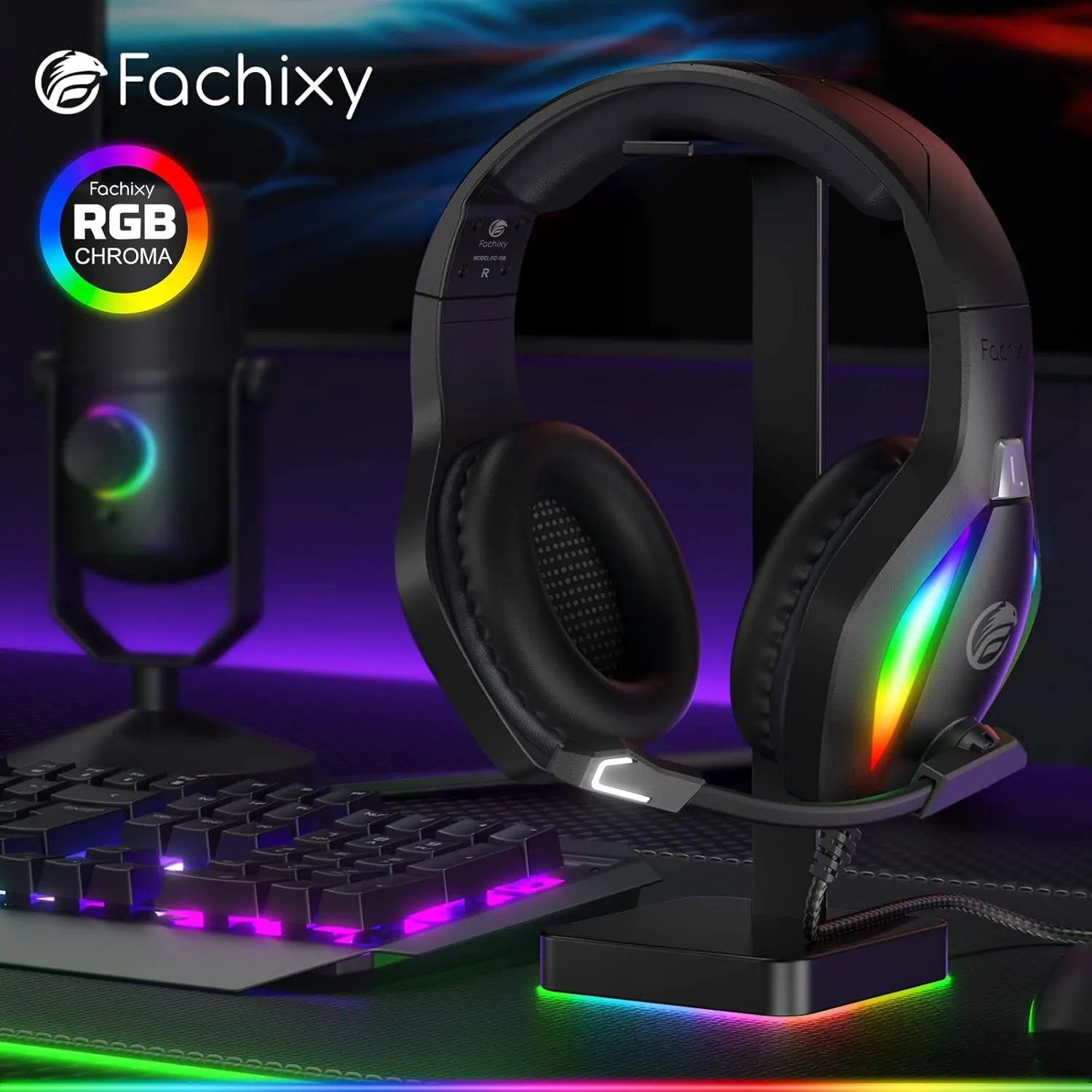 FC100 Gaming Headset with Microphone for PS4, PS5, Switch, Xbox, PC, Mac, Gamer Headset with RGB Light, Computer Headphones with Mic