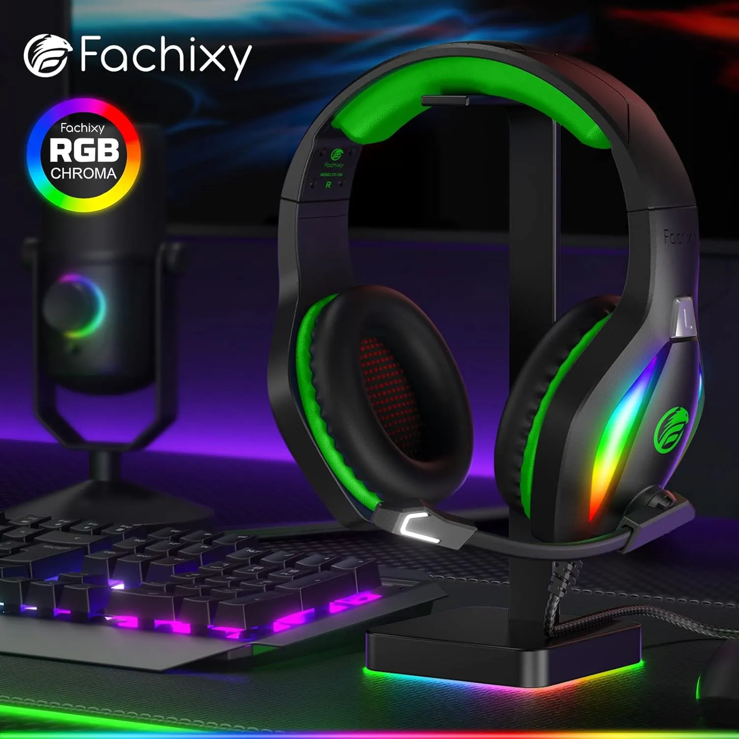 FC100 Gaming Headset with Microphone for PS4, PS5, Switch, Xbox, PC, Mac, Gamer Headset with RGB Light, Computer Headphones with Mic