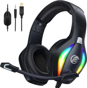 FC100 Gaming Headset with Microphone for PS4, PS5, Switch, Xbox, PC, Mac, Gamer Headset with RGB Light, Computer Headphones with Mic
