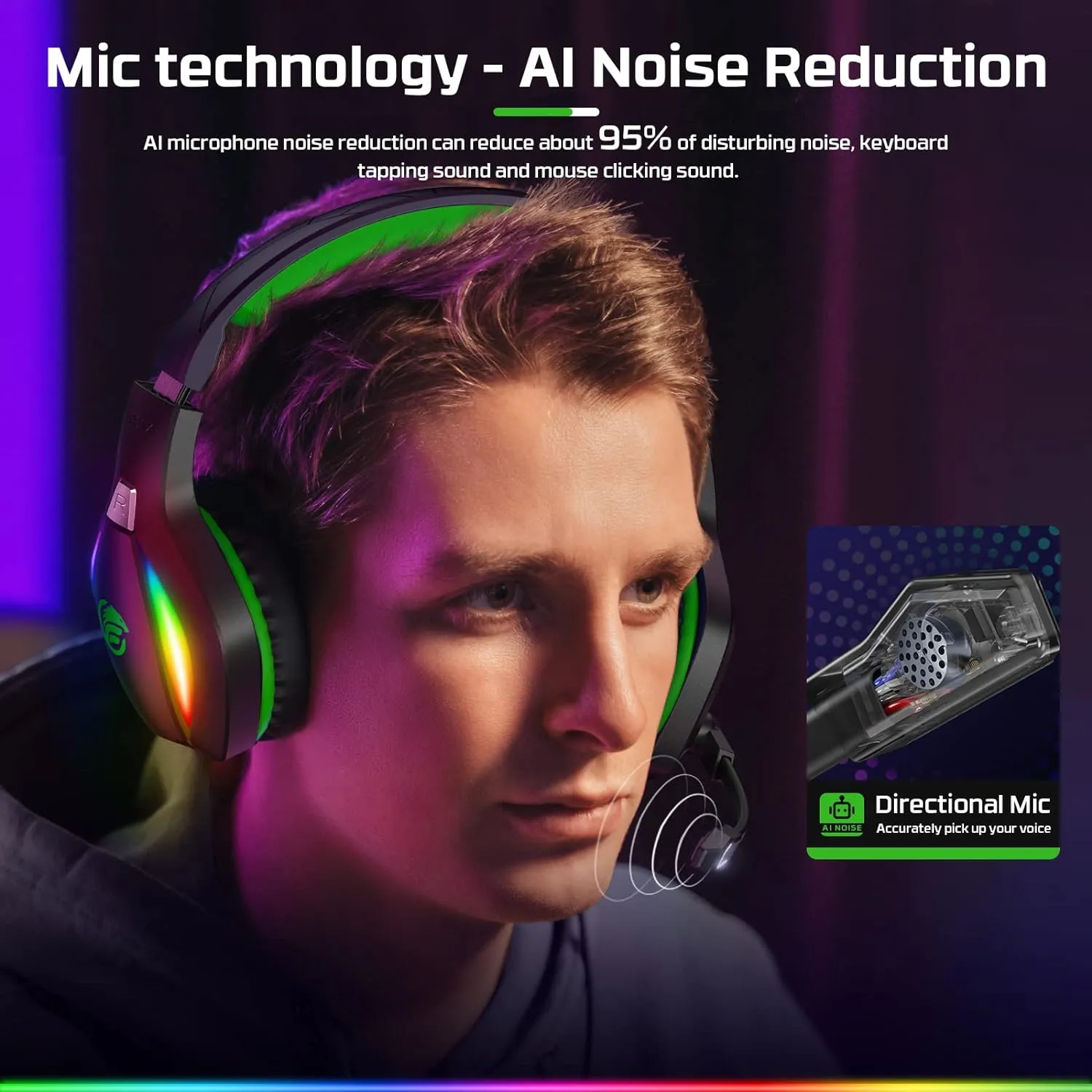 FC100 Gaming Headset with Microphone for PS4, PS5, Switch, Xbox, PC, Mac, Gamer Headset with RGB Light, Computer Headphones with Mic