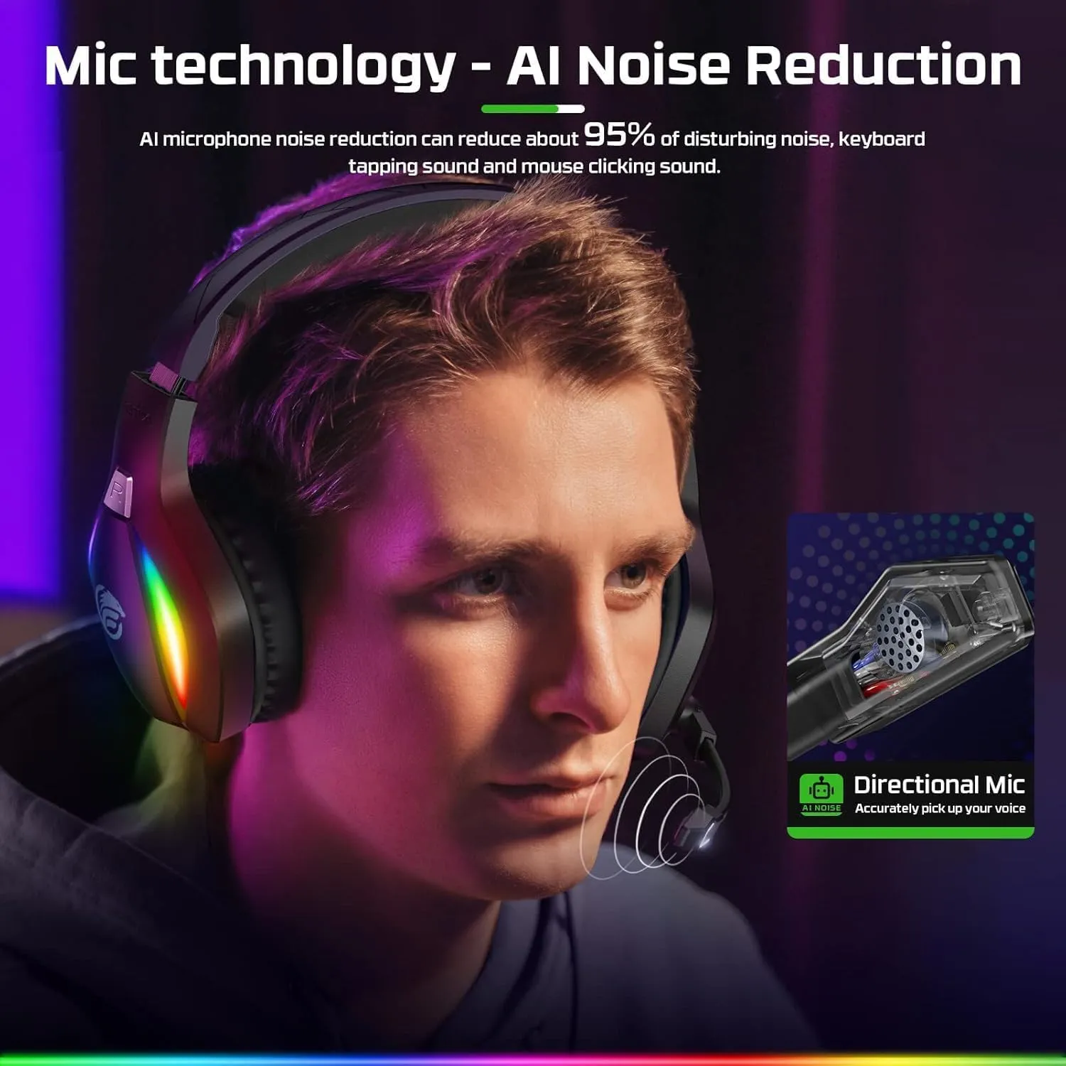 FC100 Gaming Headset with Microphone for PS4, PS5, Switch, Xbox, PC, Mac, Gamer Headset with RGB Light, Computer Headphones with Mic