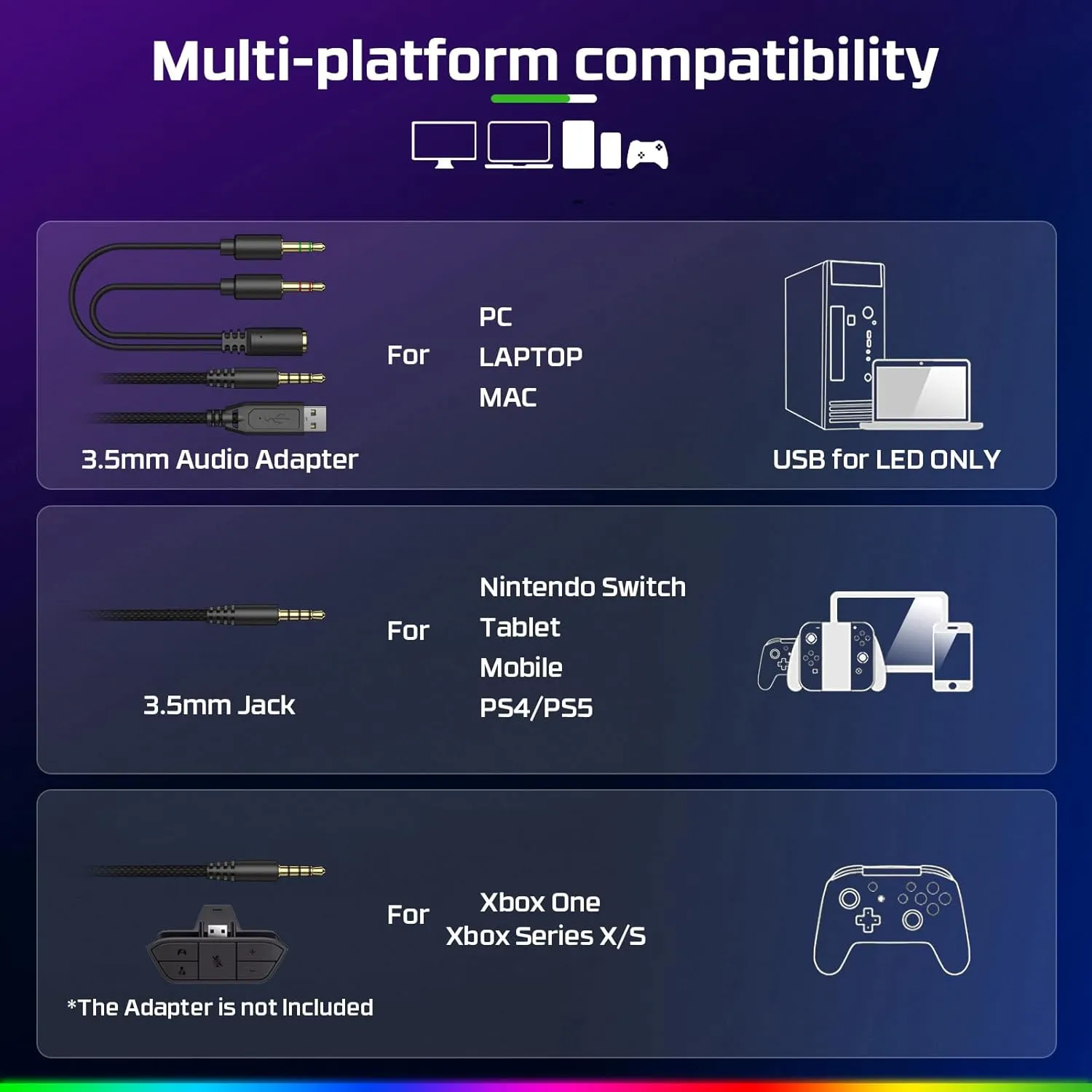 FC100 Gaming Headset with Microphone for PS4, PS5, Switch, Xbox, PC, Mac, Gamer Headset with RGB Light, Computer Headphones with Mic