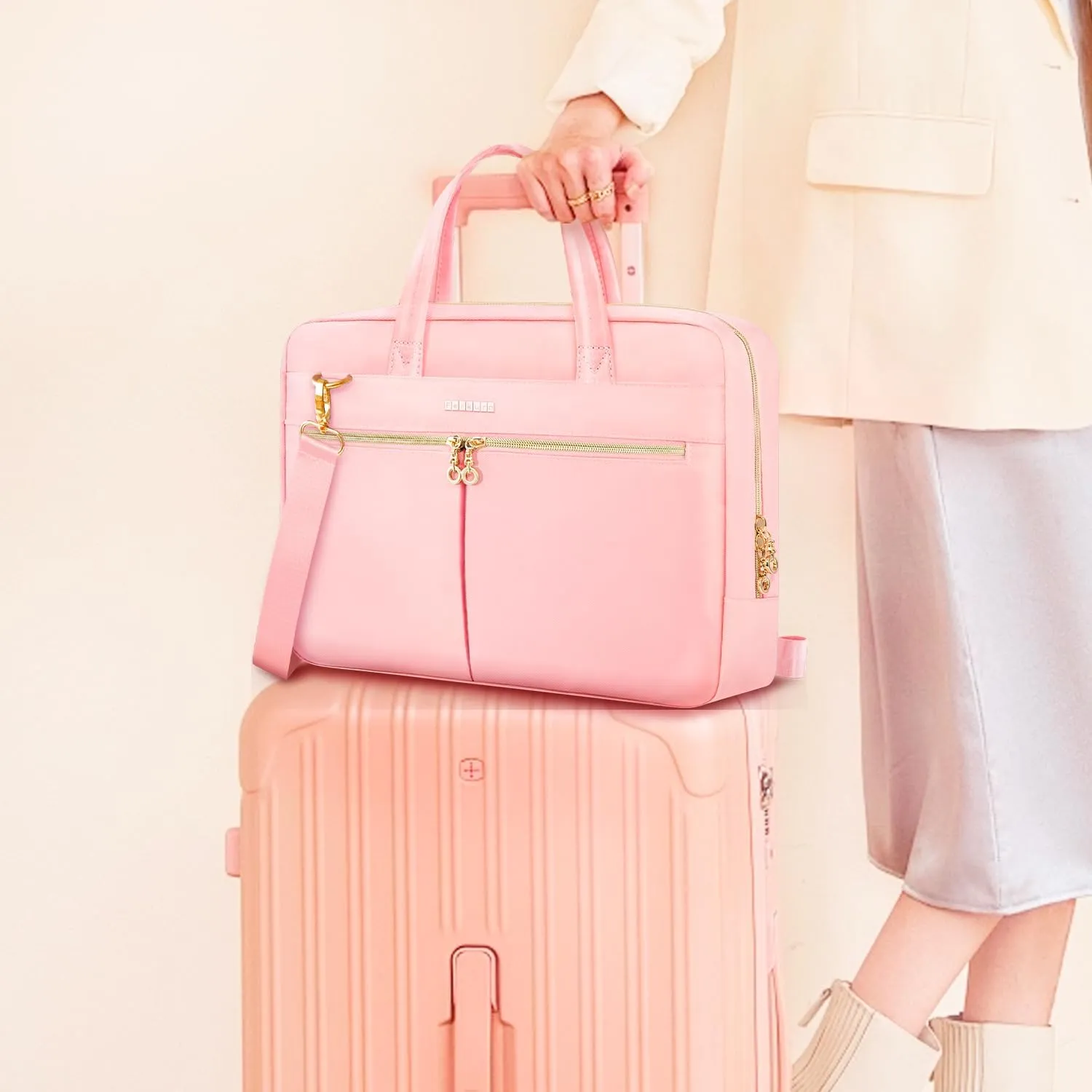 Ferkurn Laptop Bag Case Women Men Computer Bag Compatible with MacBook/HP/LG/Dell, Shoulder Strap Slim Carrying Messenger Briefcase, Pink, 17-17.3 Inch