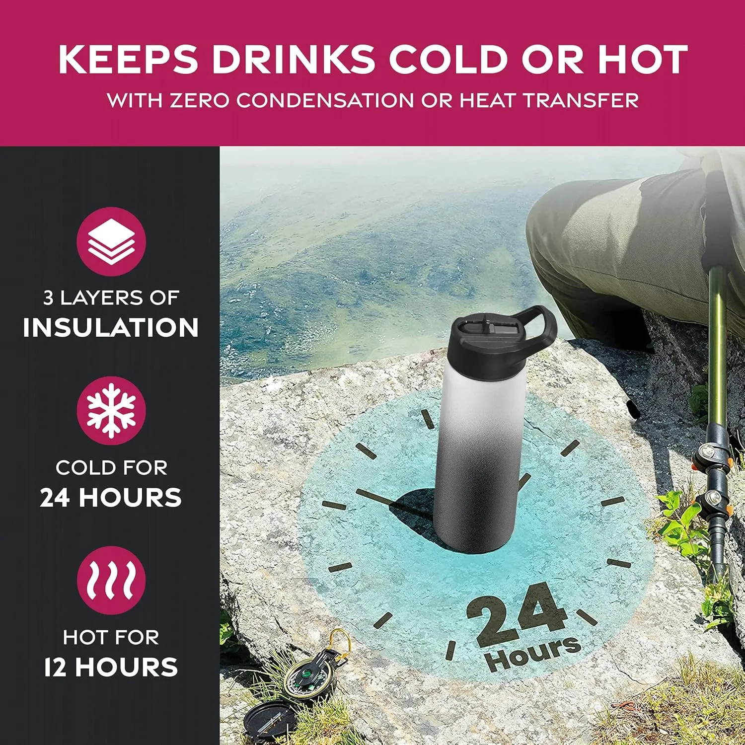 FineDine Water Bottle - Stainless Steel Insulated Water Bottle with Straw Lid, Flip Lid & Wide-Mouth Cap - Keeps Hot and Cold - 25 Oz / 739ml - Dreamy Black-White