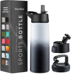 FineDine Water Bottle - Stainless Steel Insulated Water Bottle with Straw Lid, Flip Lid & Wide-Mouth Cap - Keeps Hot and Cold - 25 Oz / 739ml - Dreamy Black-White
