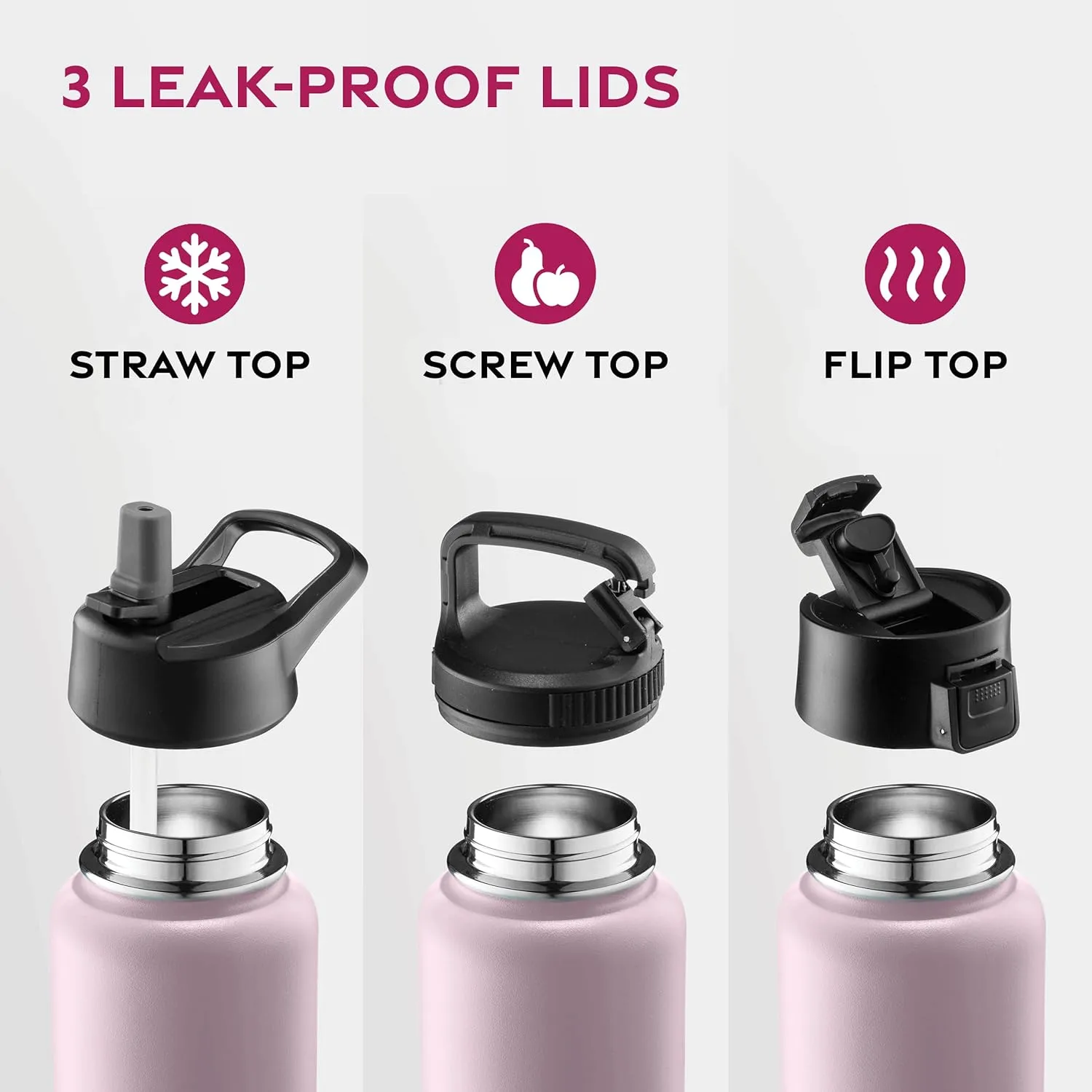 FineDine Water Bottle - Stainless Steel Insulated Water Bottle with Straw Lid, Flip Lid & Wide-Mouth Cap - Keeps Hot and Cold - 40 Oz / 1.18L - Dreamy Pink-Green