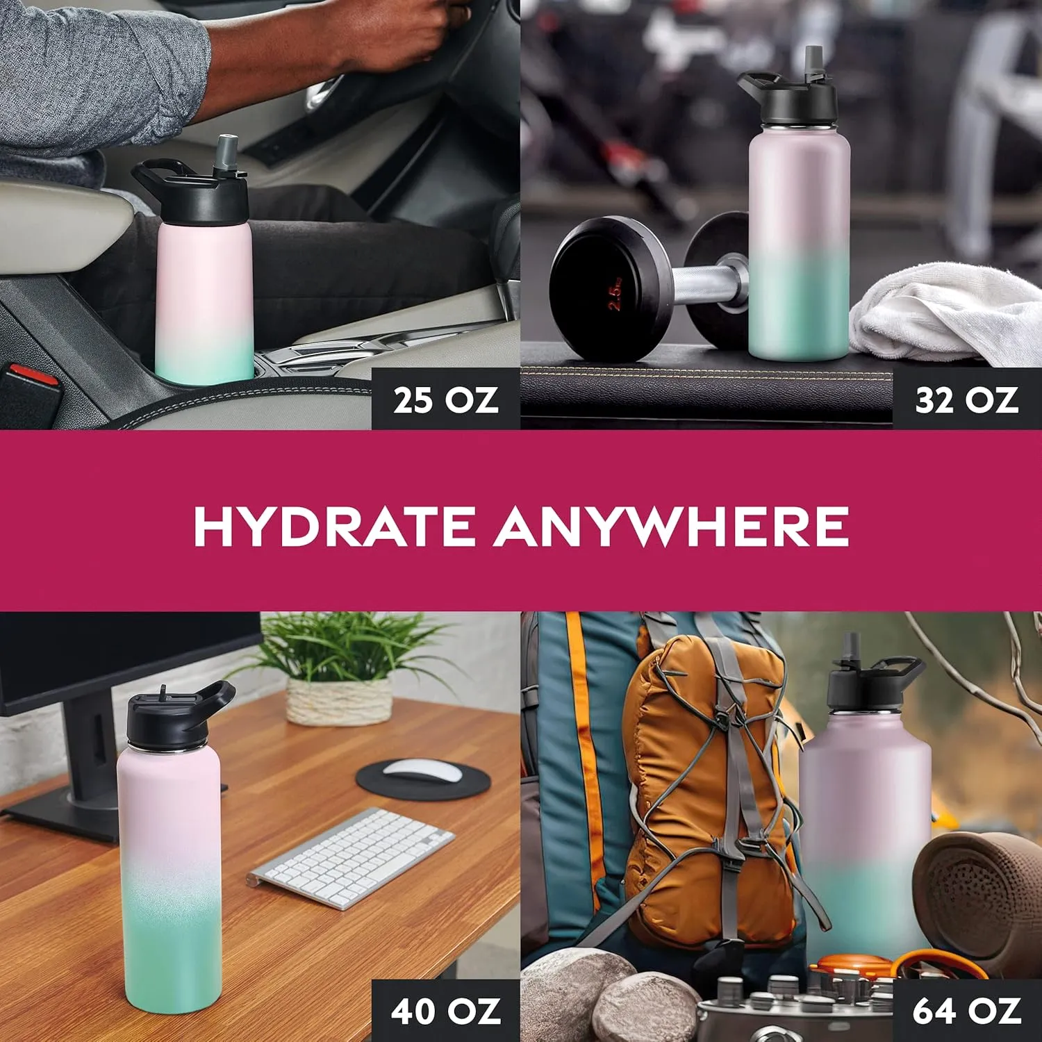 FineDine Water Bottle - Stainless Steel Insulated Water Bottle with Straw Lid, Flip Lid & Wide-Mouth Cap - Keeps Hot and Cold - 40 Oz / 1.18L - Dreamy Pink-Green