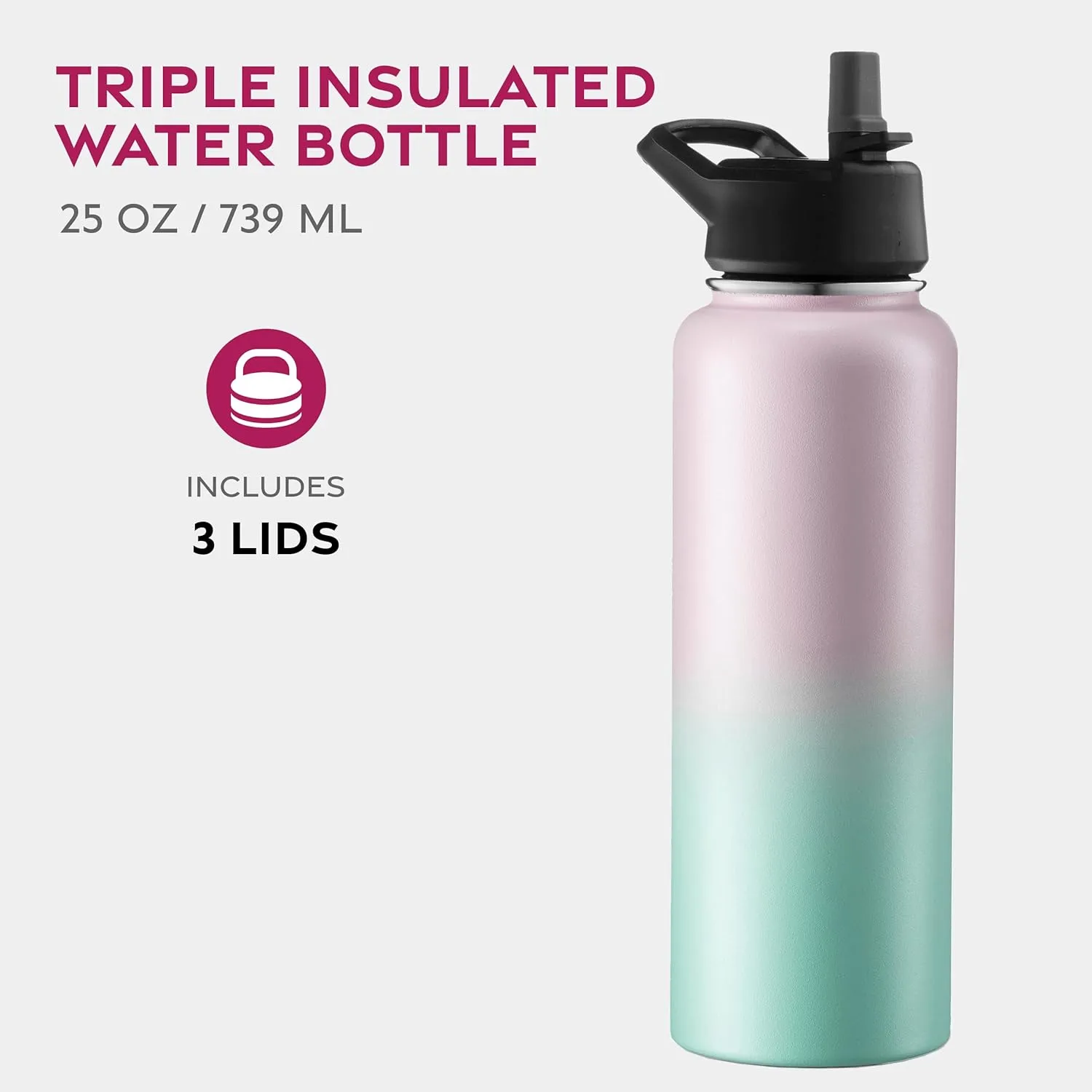 FineDine Water Bottle - Stainless Steel Insulated Water Bottle with Straw Lid, Flip Lid & Wide-Mouth Cap - Keeps Hot and Cold - 40 Oz / 1.18L - Dreamy Pink-Green
