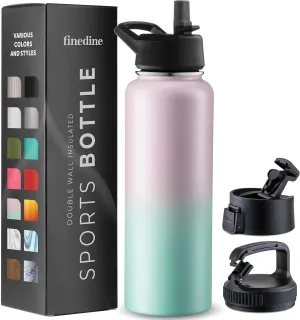 FineDine Water Bottle - Stainless Steel Insulated Water Bottle with Straw Lid, Flip Lid & Wide-Mouth Cap - Keeps Hot and Cold - 40 Oz / 1.18L - Dreamy Pink-Green