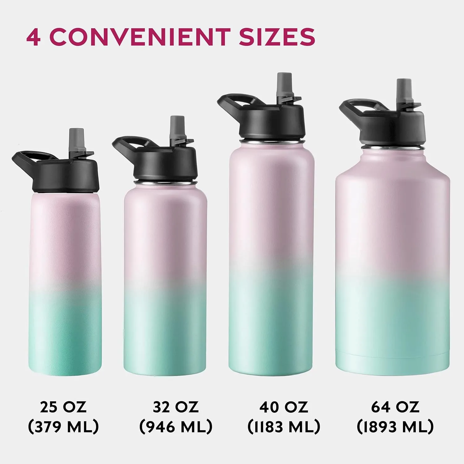 FineDine Water Bottle - Stainless Steel Insulated Water Bottle with Straw Lid, Flip Lid & Wide-Mouth Cap - Keeps Hot and Cold - 40 Oz / 1.18L - Dreamy Pink-Green