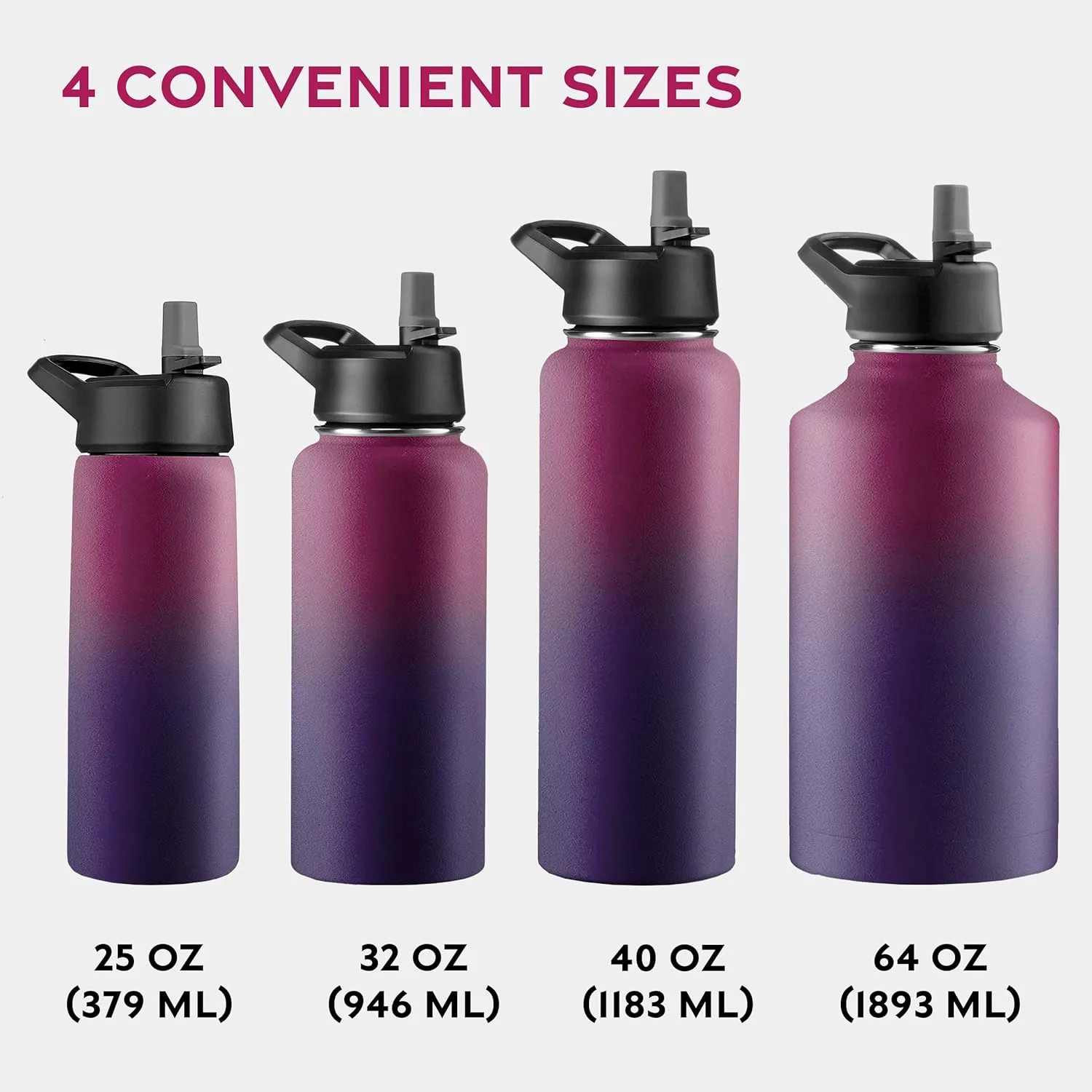 FineDine Water Bottle - Stainless Steel Insulated Water Bottle with Straw Lid, Flip Lid & Wide-Mouth Cap - Keeps Hot and Cold - 40 Oz / 1.18L - Dreamy Purple