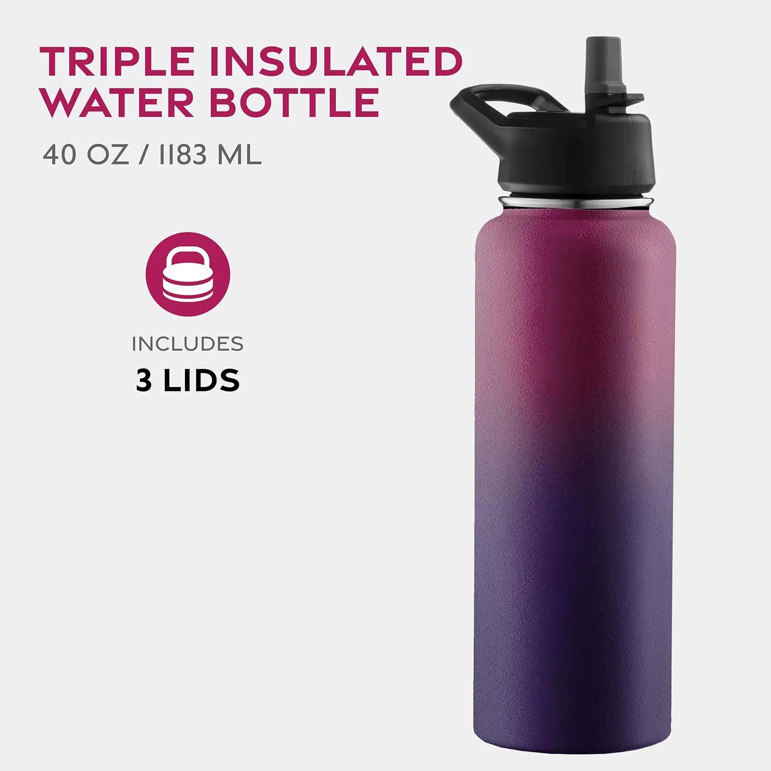 FineDine Water Bottle - Stainless Steel Insulated Water Bottle with Straw Lid, Flip Lid & Wide-Mouth Cap - Keeps Hot and Cold - 40 Oz / 1.18L - Dreamy Purple