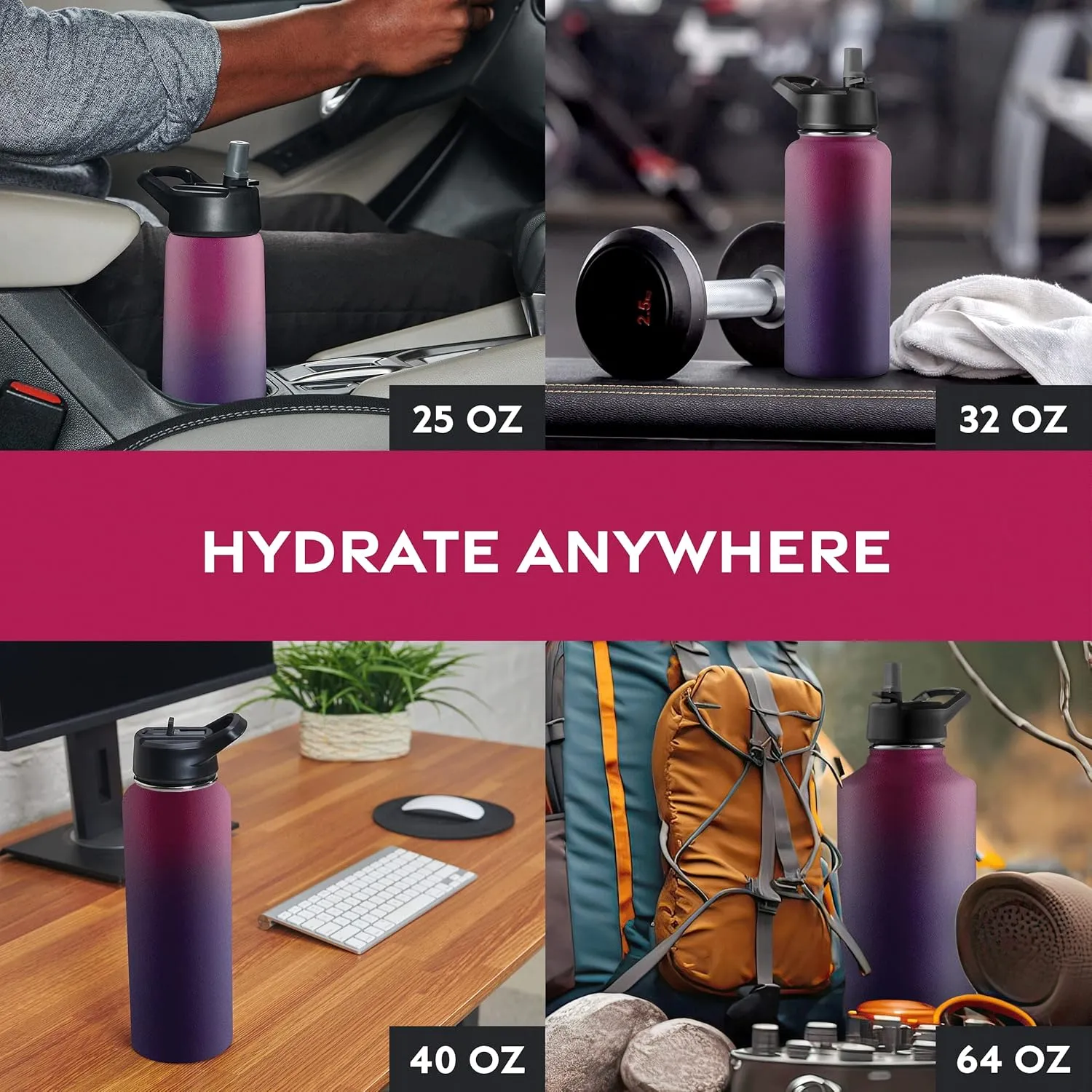 FineDine Water Bottle - Stainless Steel Insulated Water Bottle with Straw Lid, Flip Lid & Wide-Mouth Cap - Keeps Hot and Cold - 40 Oz / 1.18L - Dreamy Purple